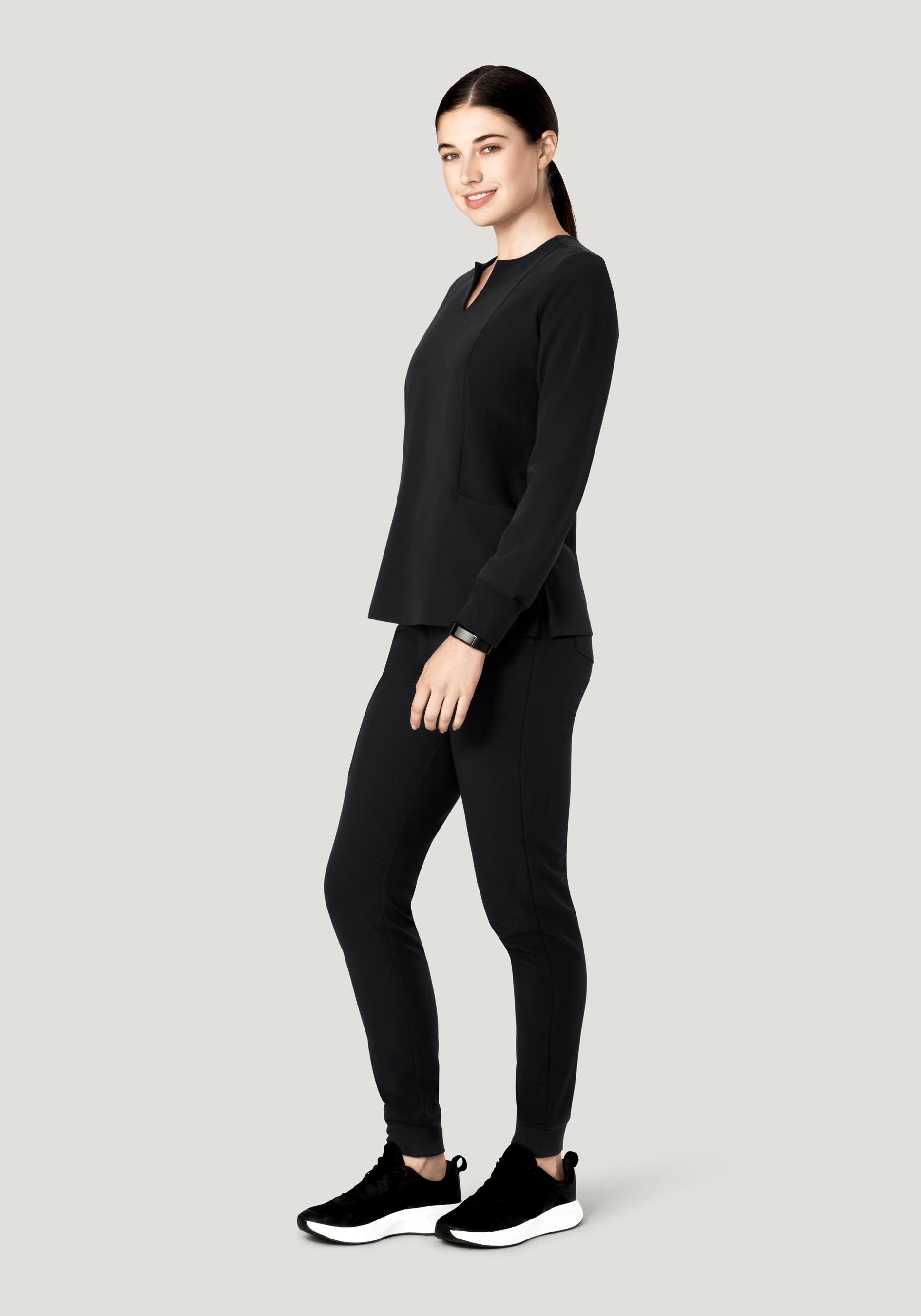 Long Sleeve Notch Neck Top Black