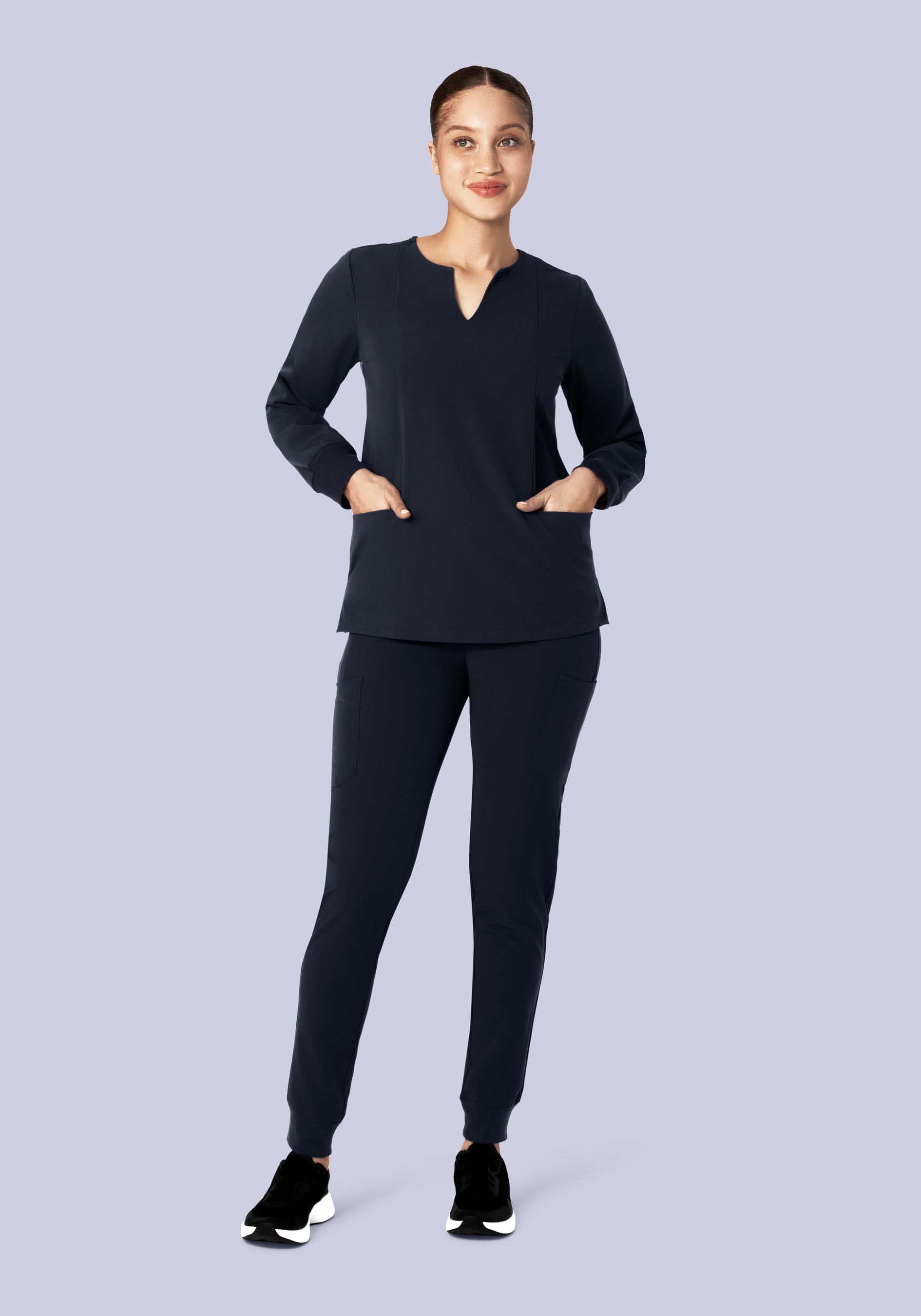 Long Sleeve Notch Neck Top Midnight Navy