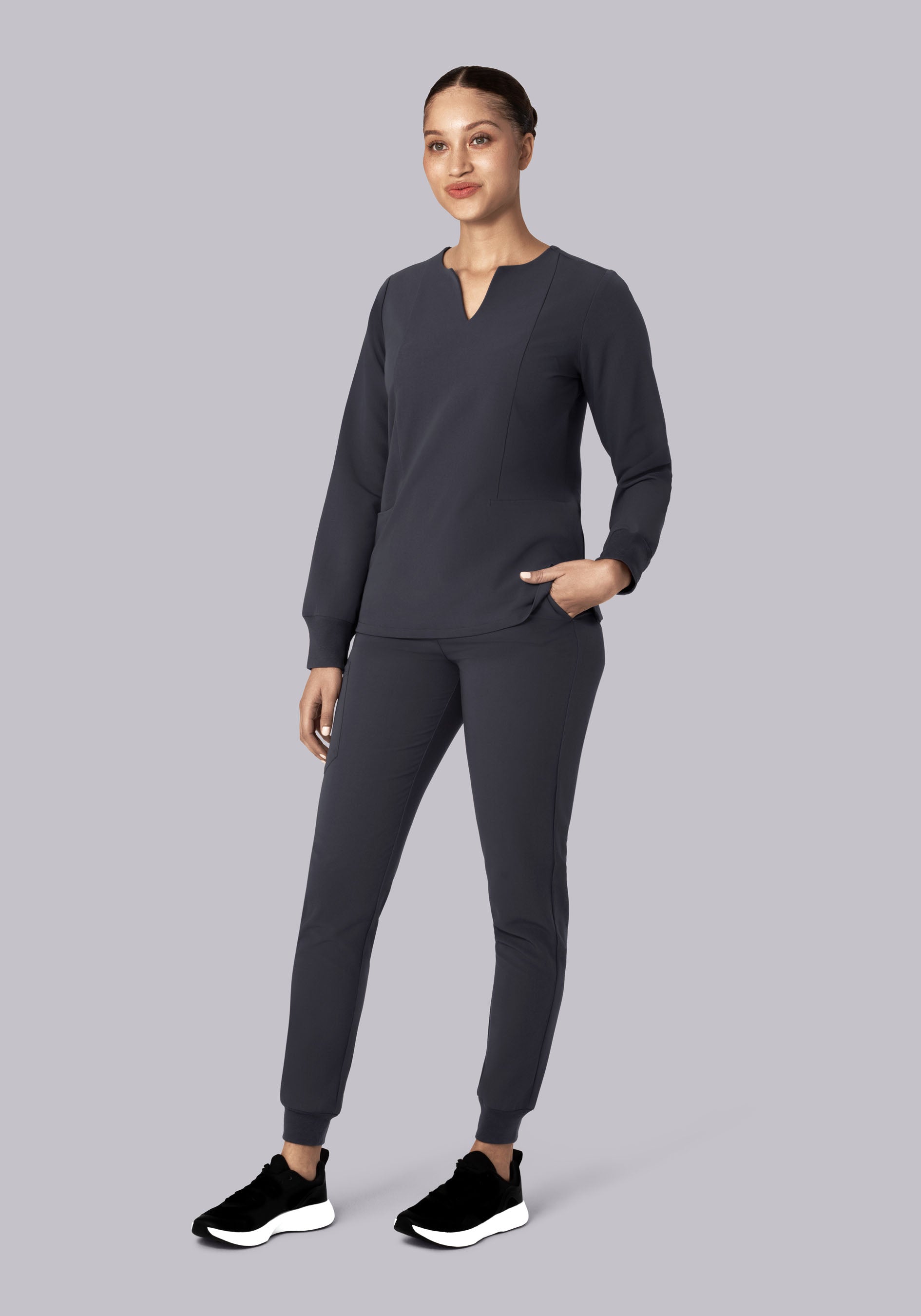 Long Sleeve Notch Neck Top Pewter