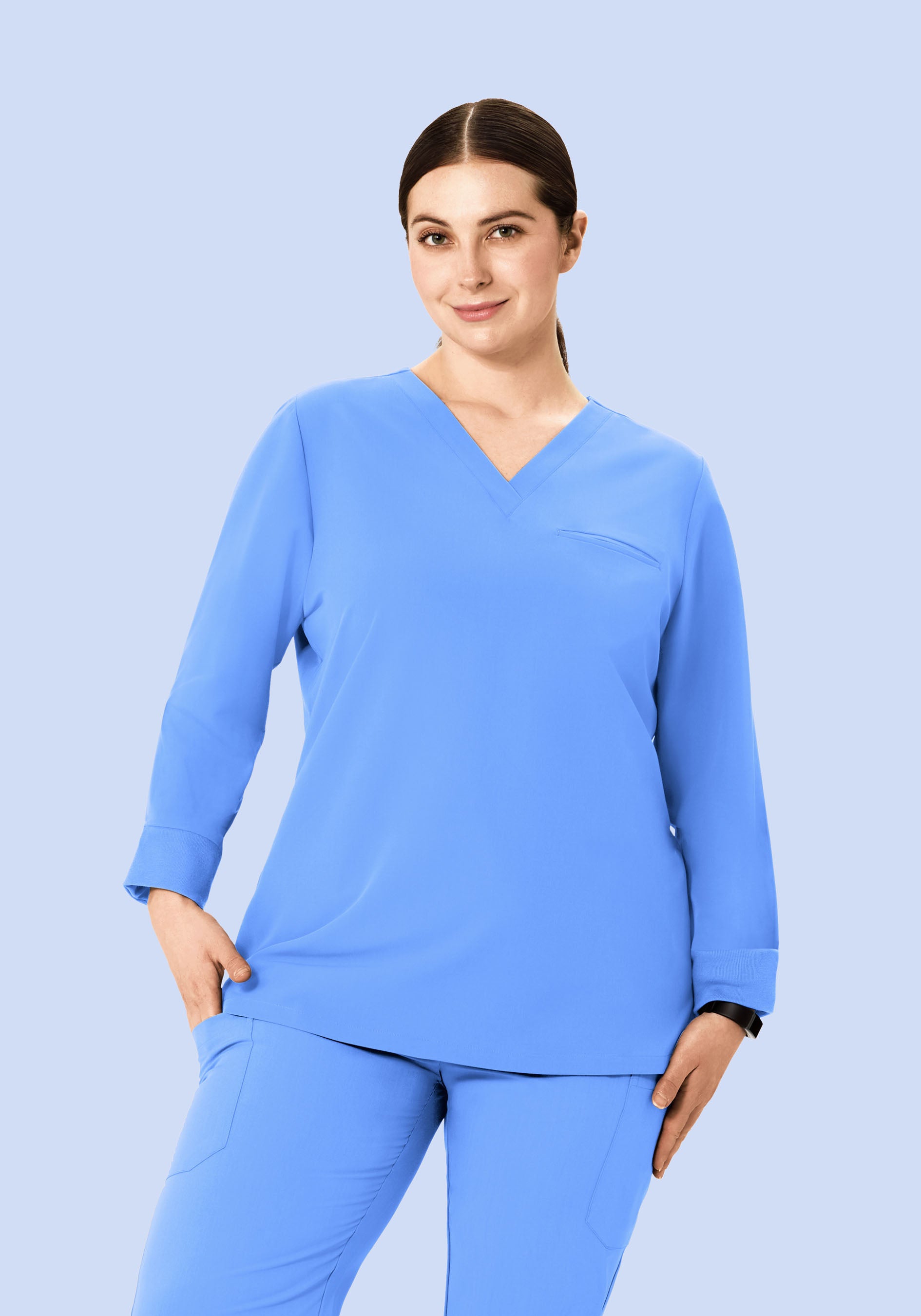Women's Long Sleeve V-Neck 1-Pocket Scrub Top - Ceil Blue