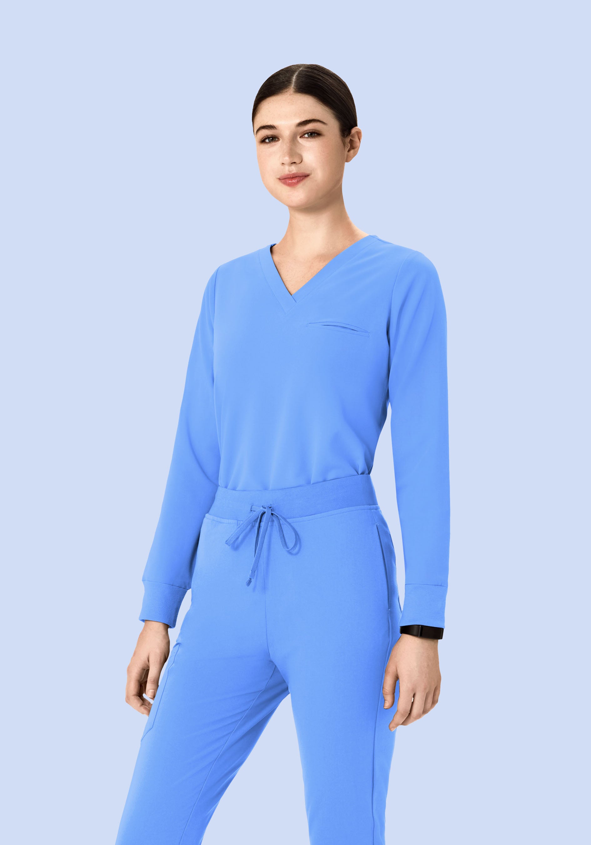 Women's Long Sleeve V-Neck 1-Pocket Scrub Top - Ceil Blue