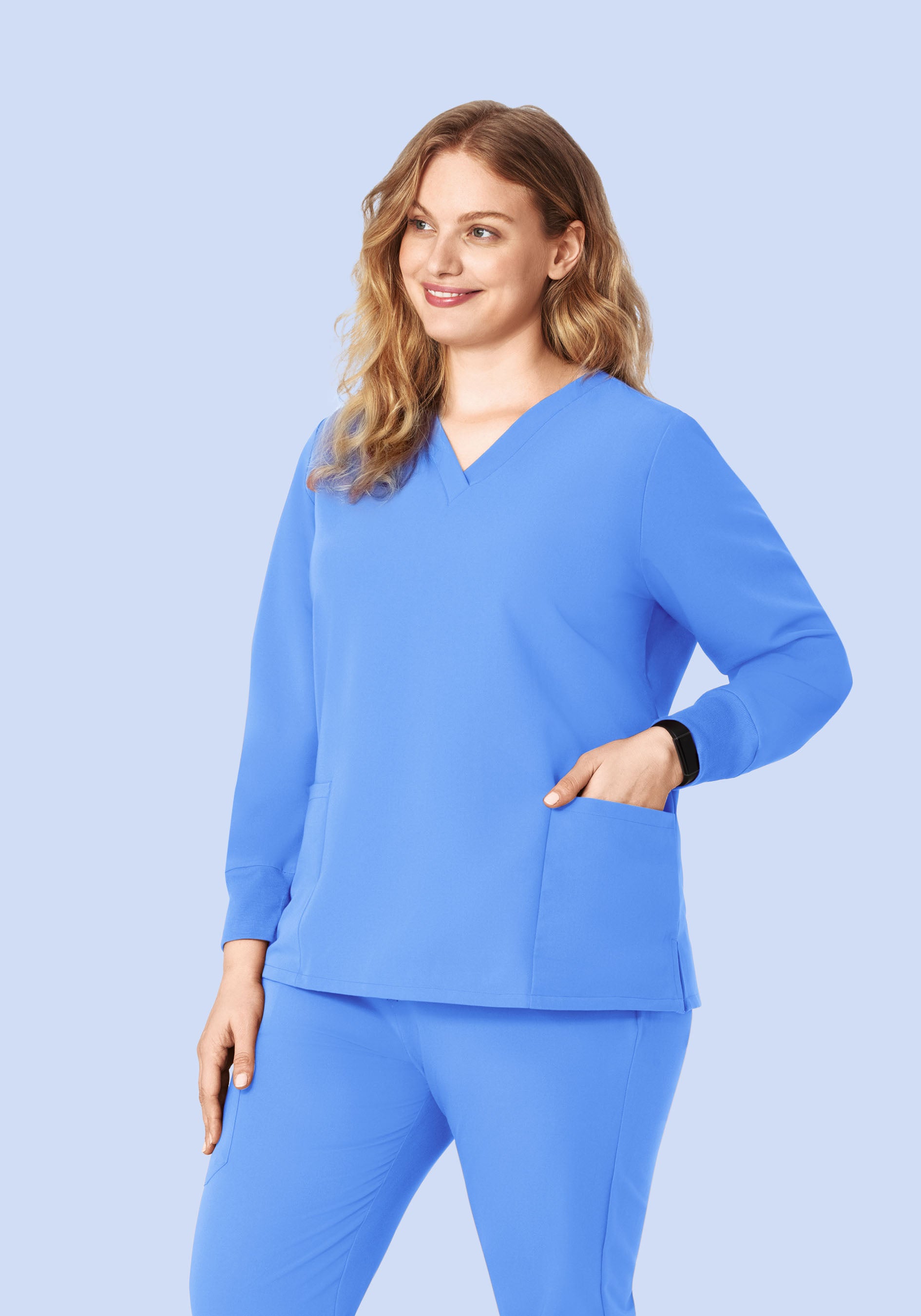 Women's Long Sleeve V-Neck 6-Pocket Top - Ceil Blue | Mandala Scrubs