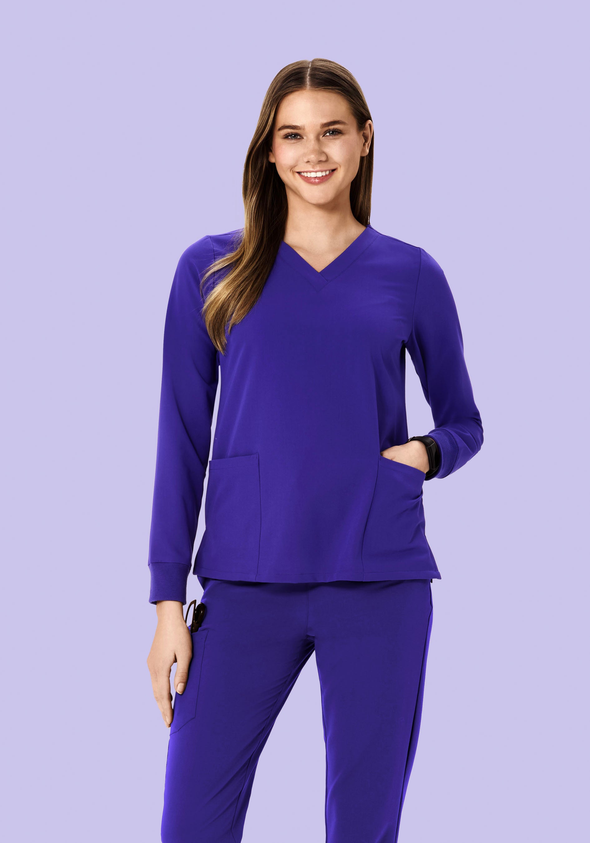 Women's Long Sleeve V-Neck 6-Pocket Scrub Top - True Grape