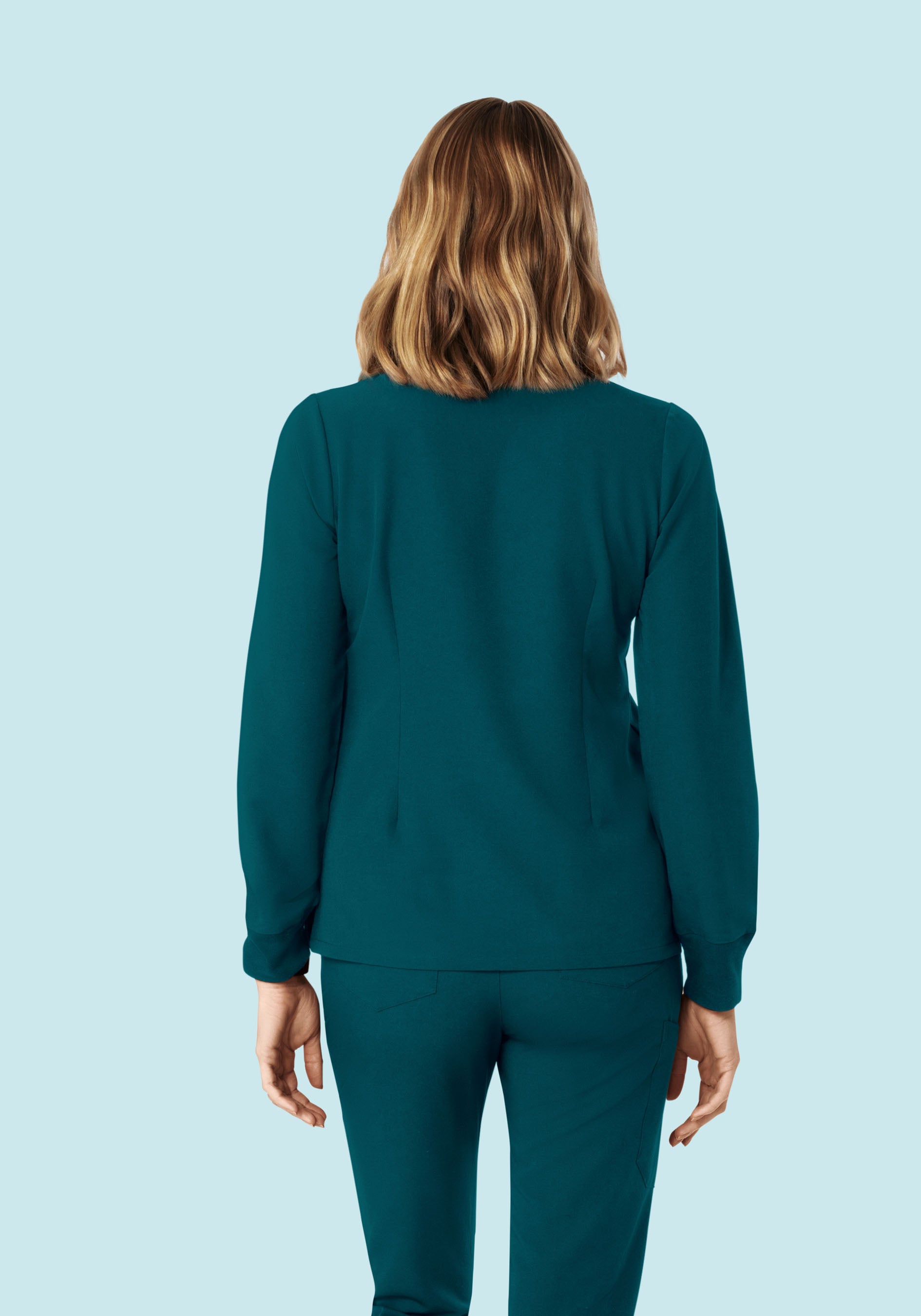 Women's Long Sleeve V-Neck 6-Pocket Scrub Top - Caribbean Blue