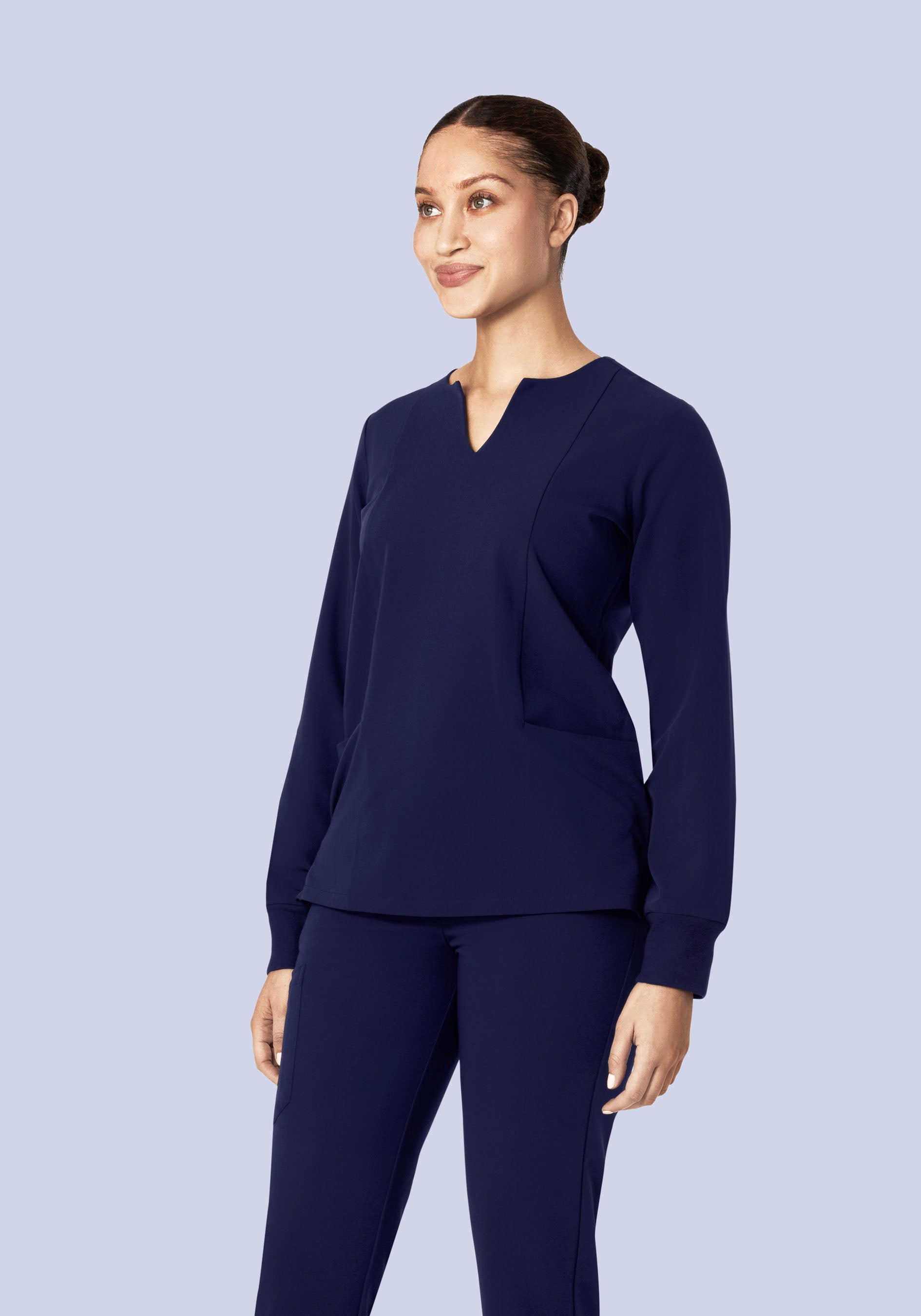 Long Sleeve Notch Neck Top Navy