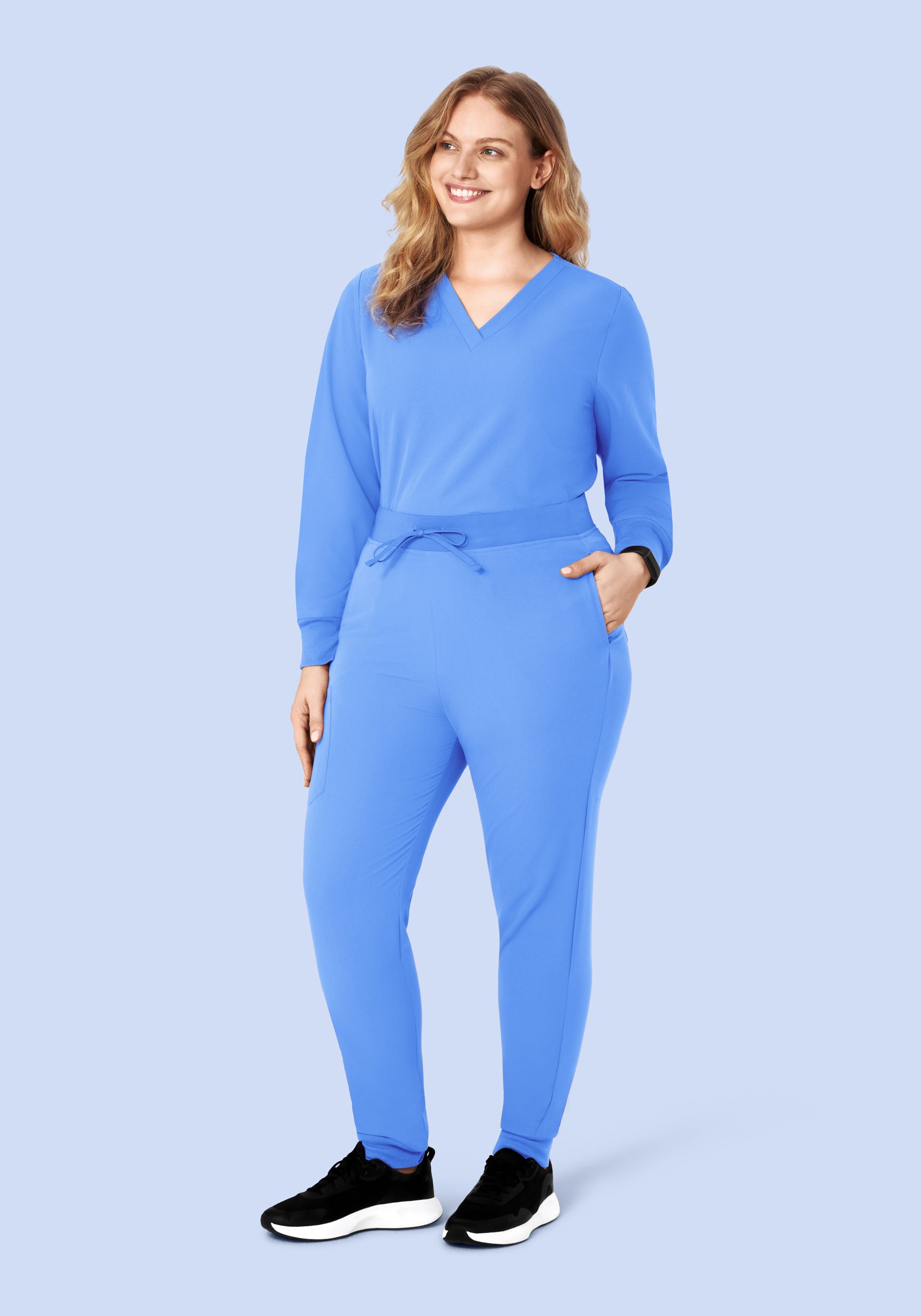 Women's Long Sleeve V-Neck 6-Pocket Scrub Top - Ceil Blue