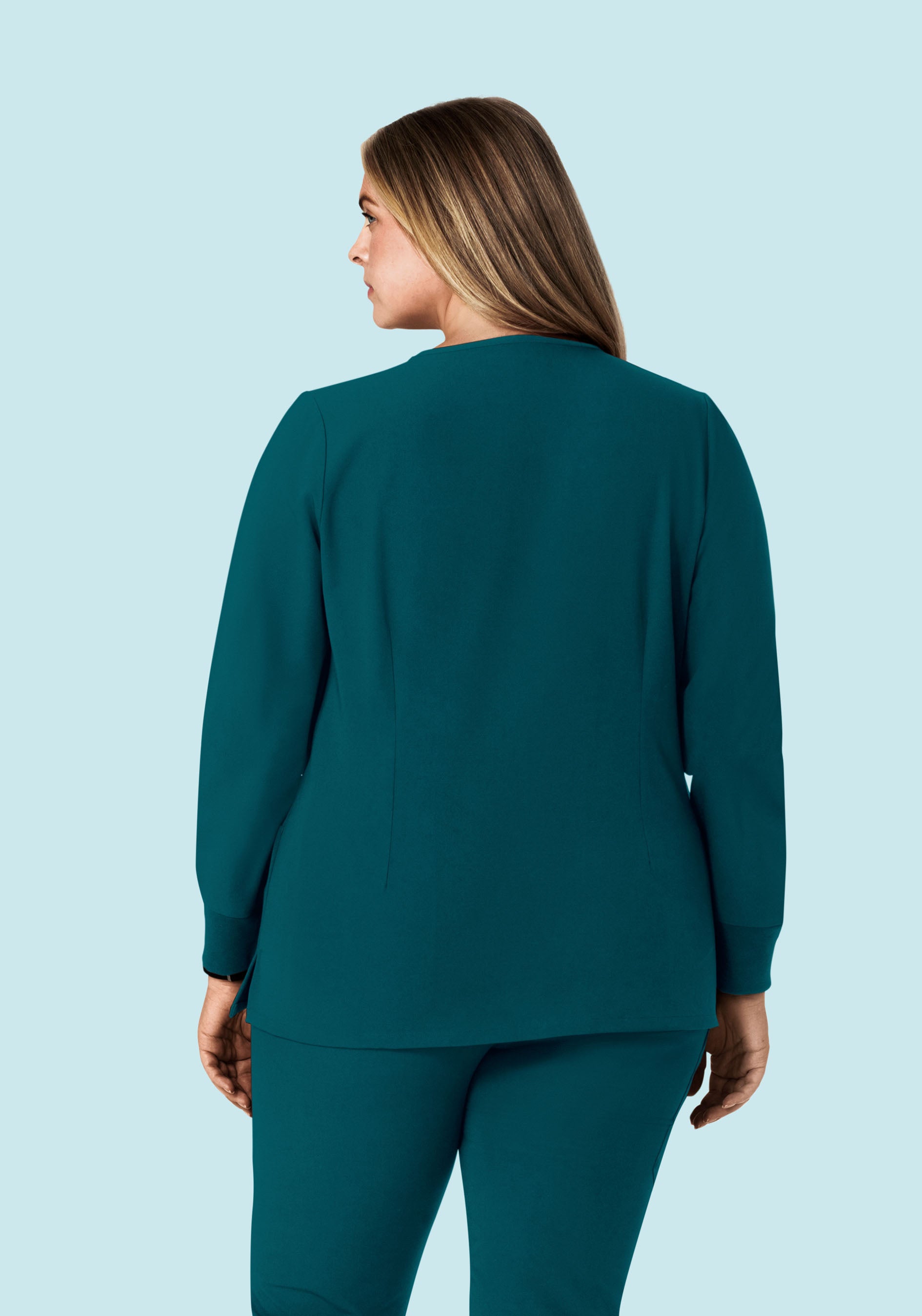 Women's Long Sleeve V-Neck 6-Pocket Scrub Top - Caribbean Blue