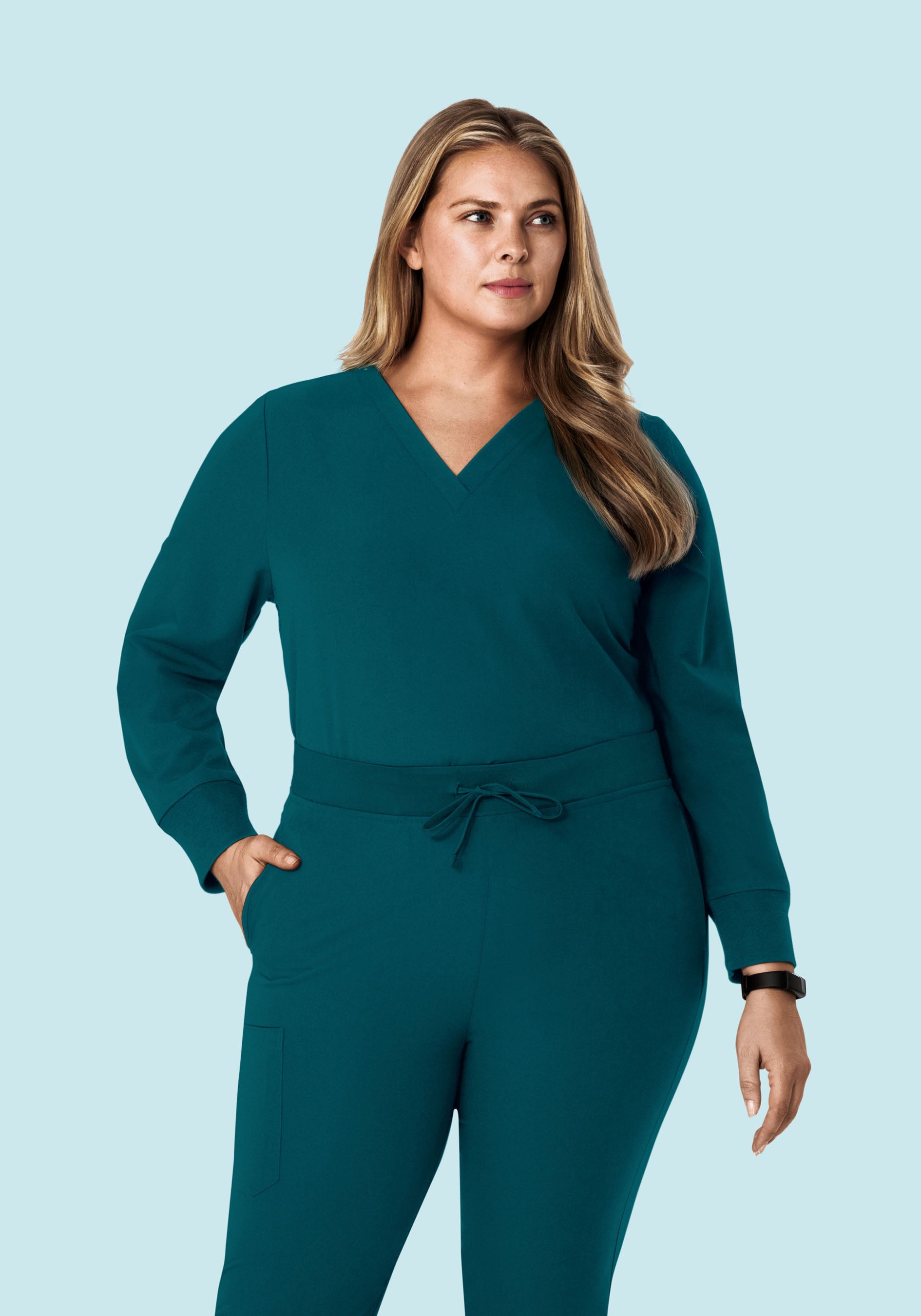 Women's Long Sleeve V-Neck 6-Pocket Scrub Top - Caribbean Blue