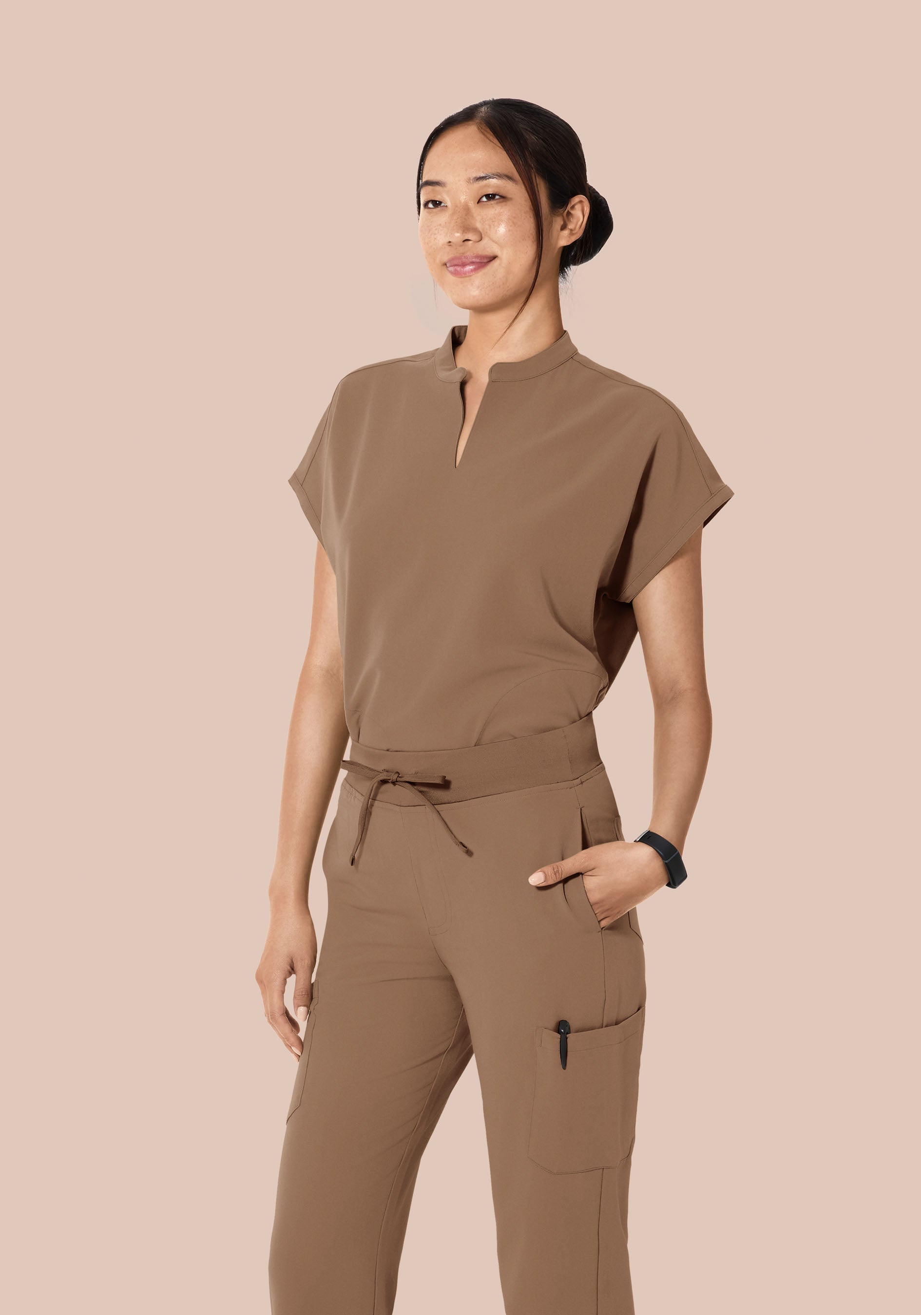 メーマン Women's Oversized Mandarin Dolman Scrub Top - Mocha | Mandala Scrubs