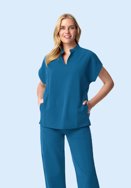 Women's Oversized Mandarin Dolman Scrub Top - Vallarta Blue