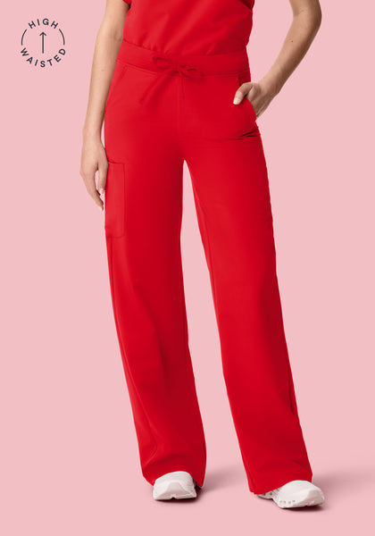 Women's High Waisted Wide Leg Scrub Pants - Candy Red | Mandala Scrubs