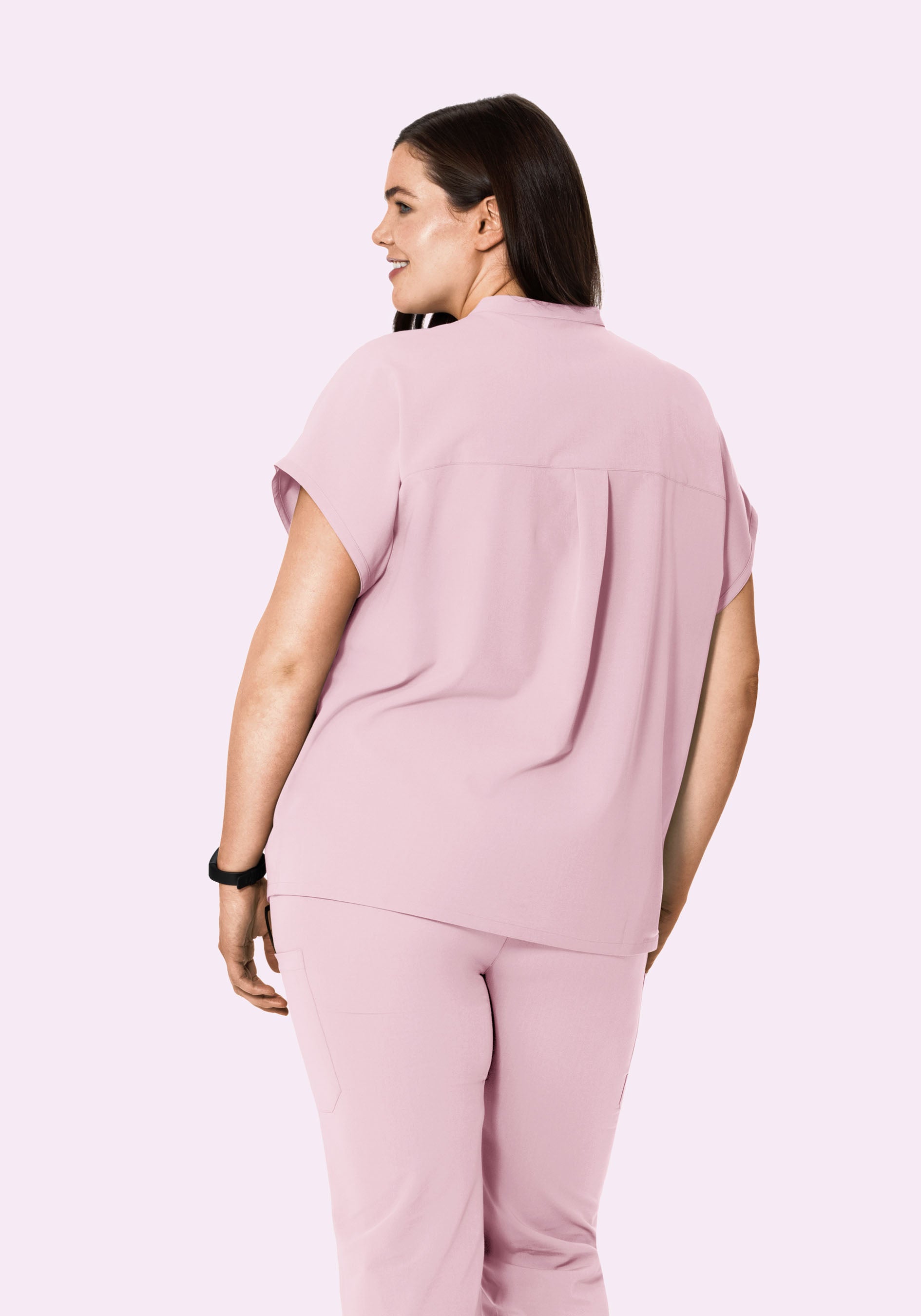 マノントーキョー Uniform Like Pink Check OP Women's Oversized Mandarin Dolman Top - Pink Pearl | Mandala Scrubs