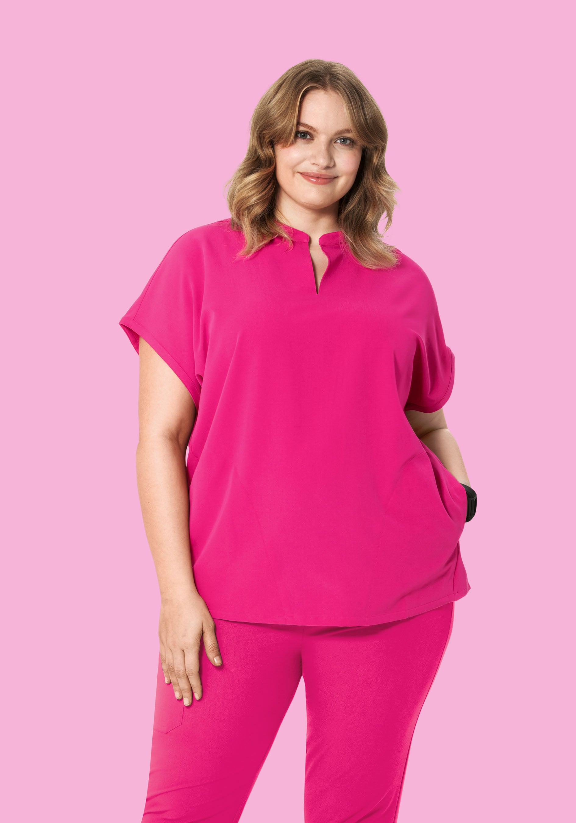 Women's Oversized Mandarin Dolman Scrub Top - Shocking Pink