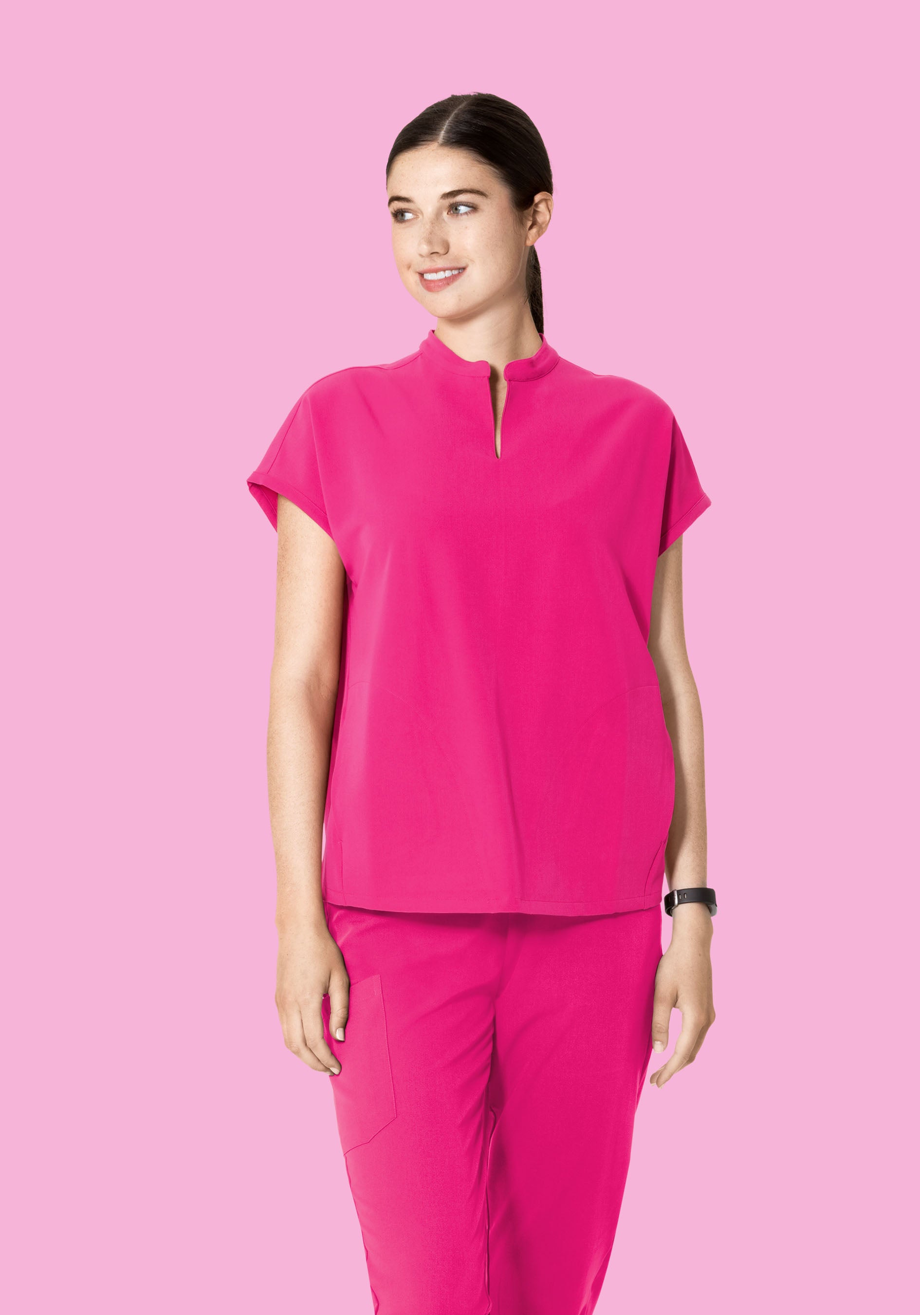 Women's Oversized Mandarin Dolman Scrub Top - Shocking Pink