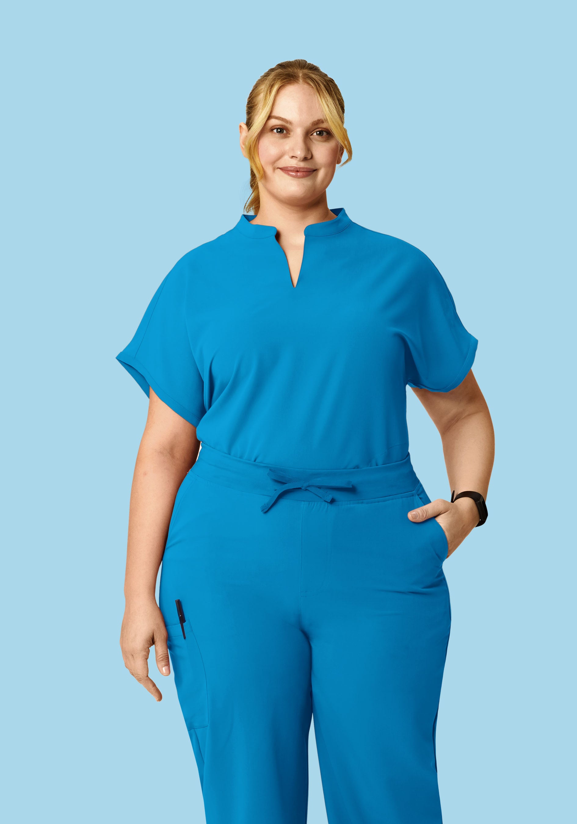 Women's Oversized Mandarin Dolman Scrub Top - Electric Blue
