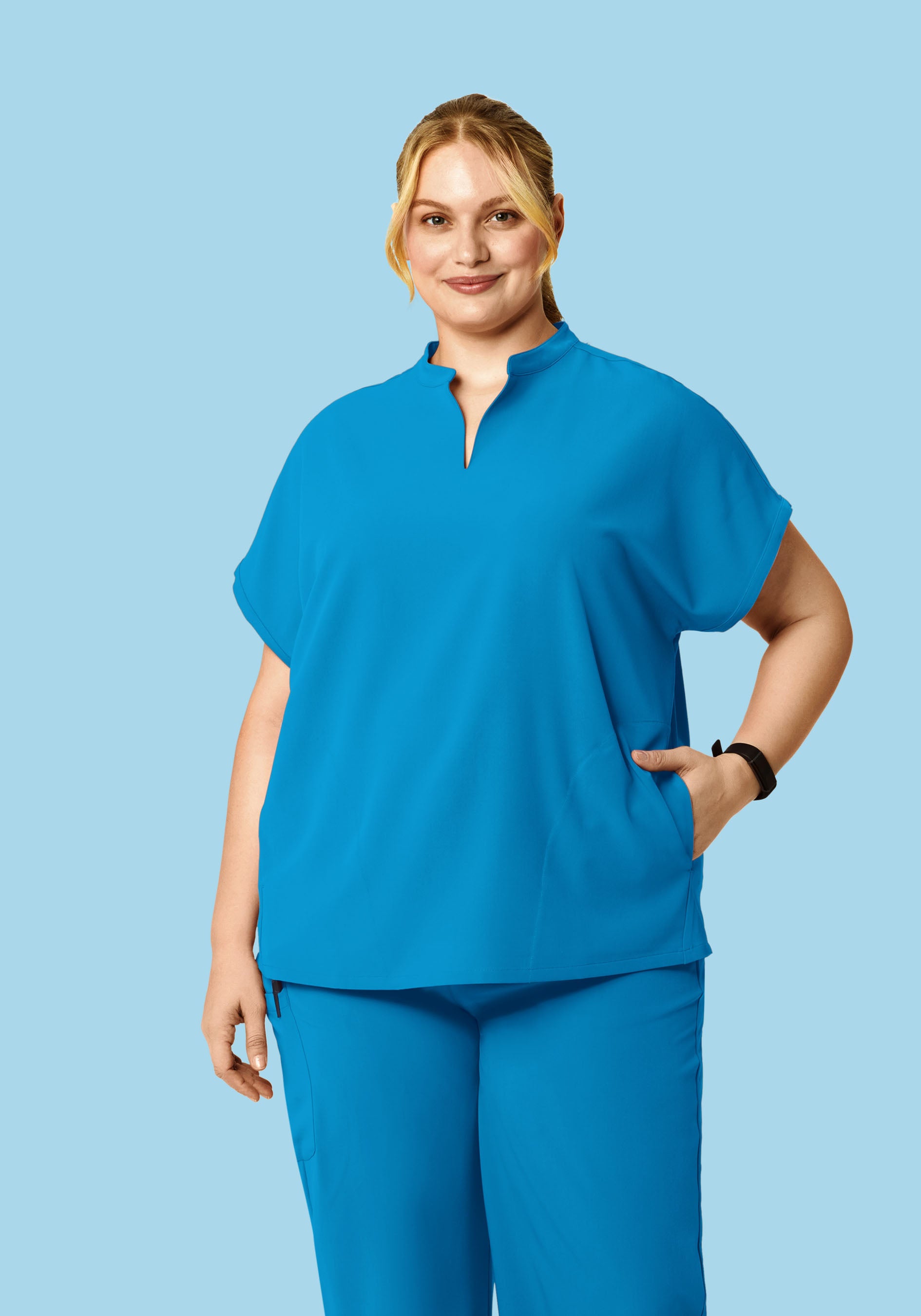 Women's Oversized Mandarin Dolman Scrub Top - Electric Blue