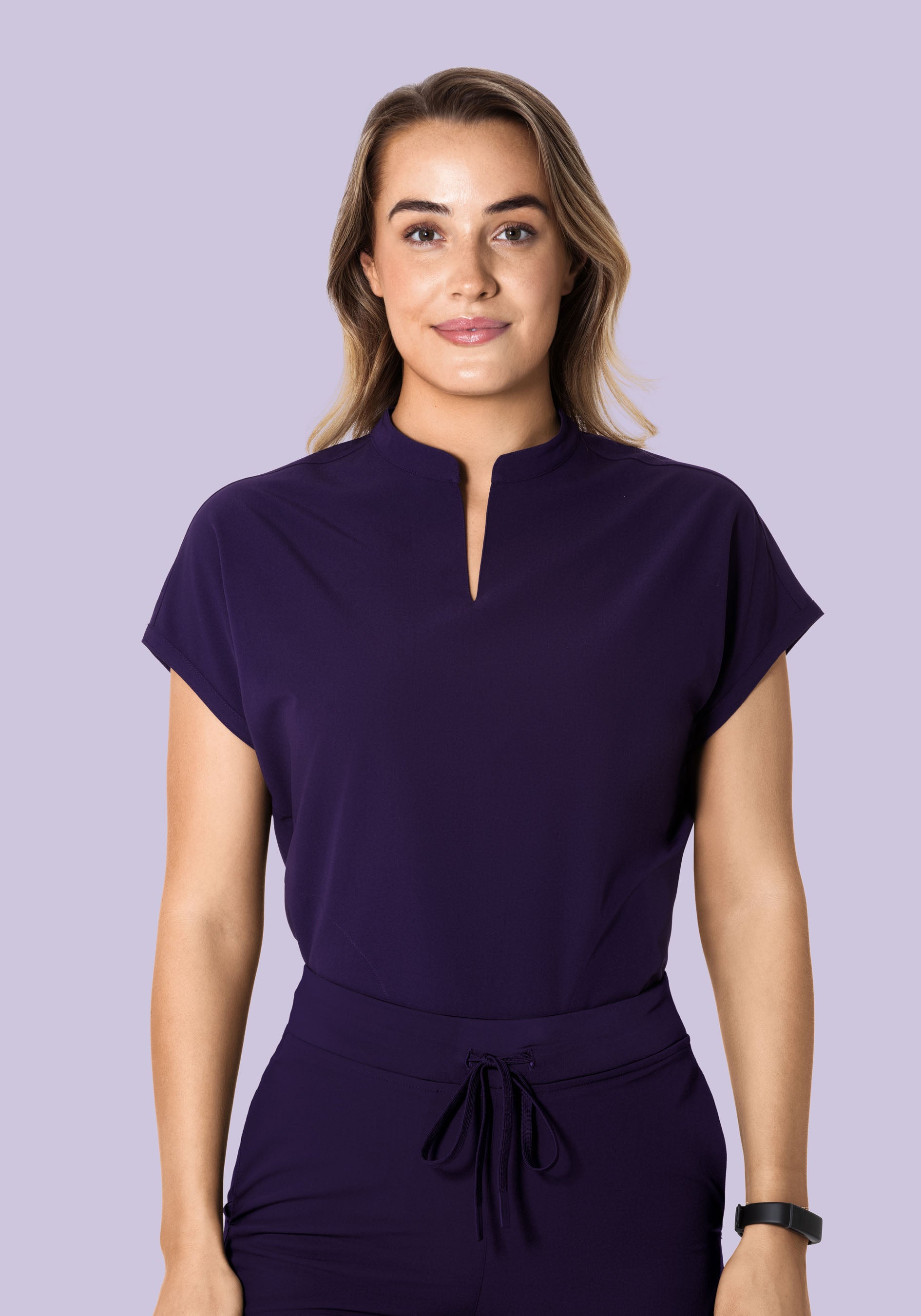 Women's Oversized Mandarin Dolman Scrub Top - Eggplant | Mandala