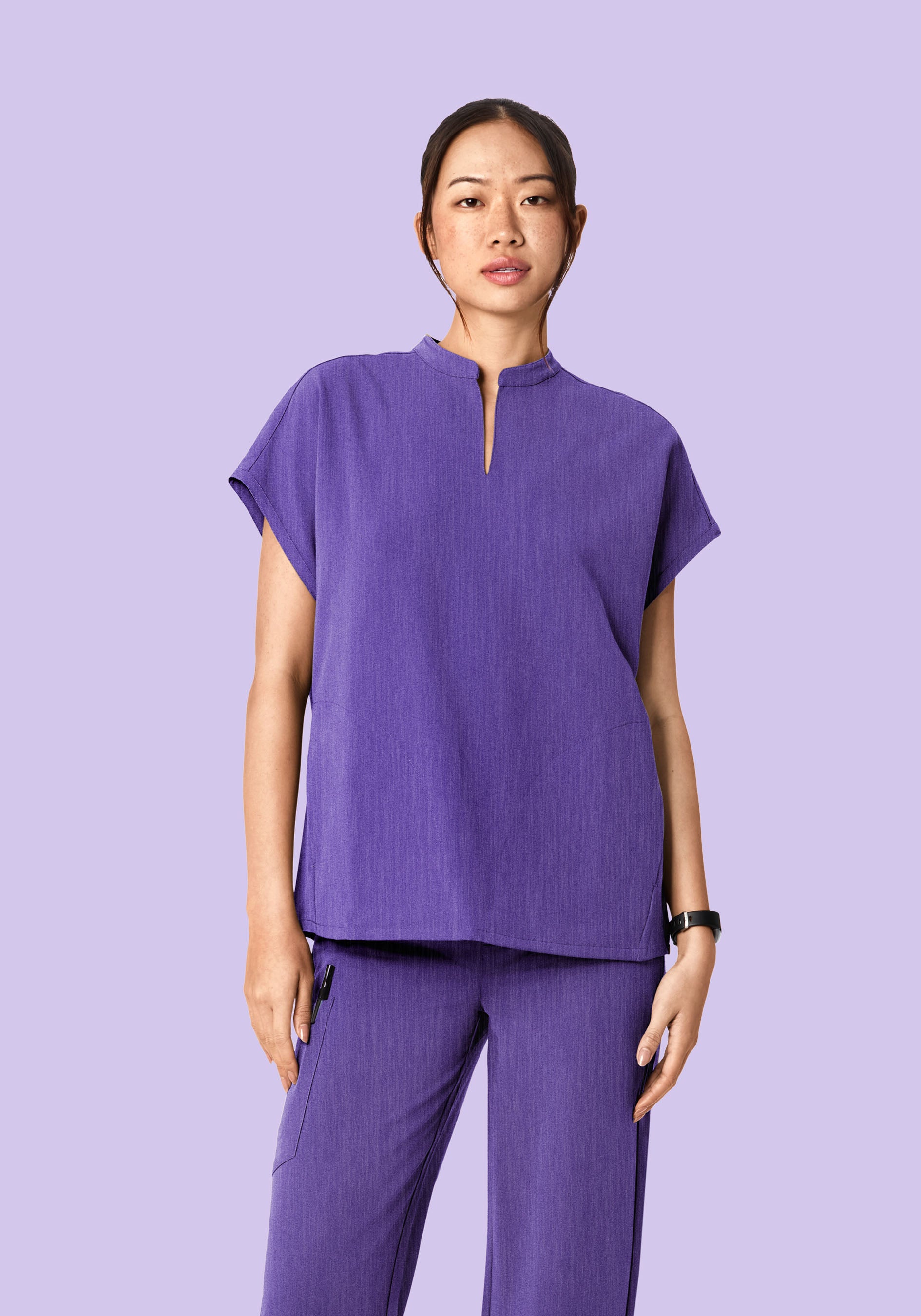 no122 LEONARD ダマスク柄 トリム チュニックプルオーバー Women's Oversized Mandarin Dolman Scrub Top - Heather Grape