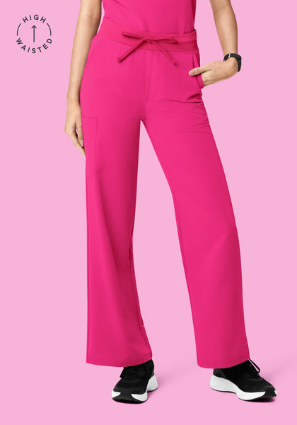 Women's High Waisted Wide Leg Scrub Pants - Shocking Pink