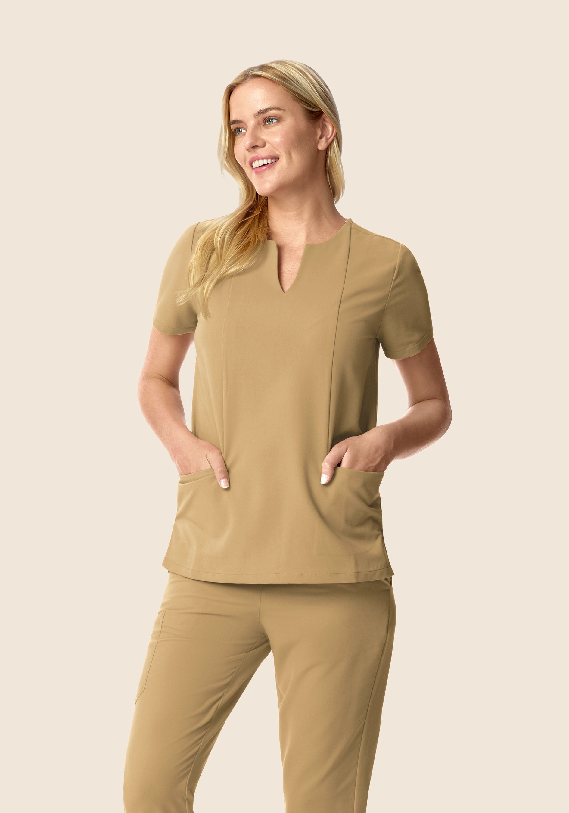 5 Pocket Notch Neck Top Latte