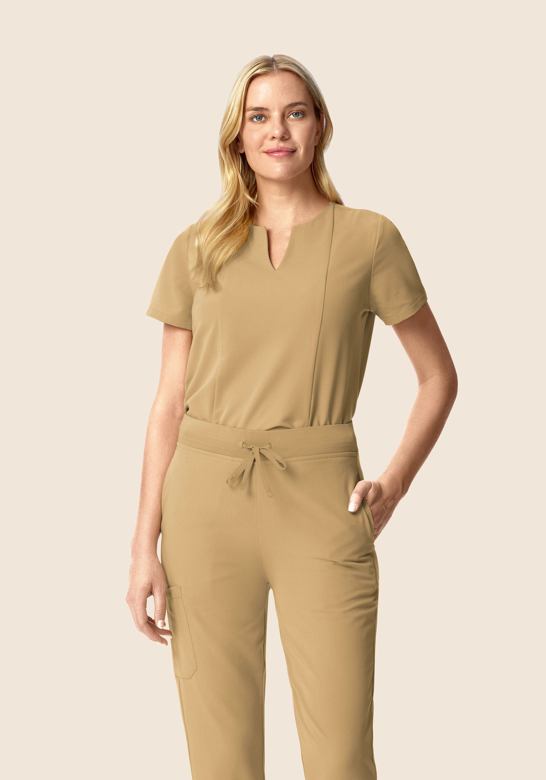 5 Pocket Notch Neck Top Latte
