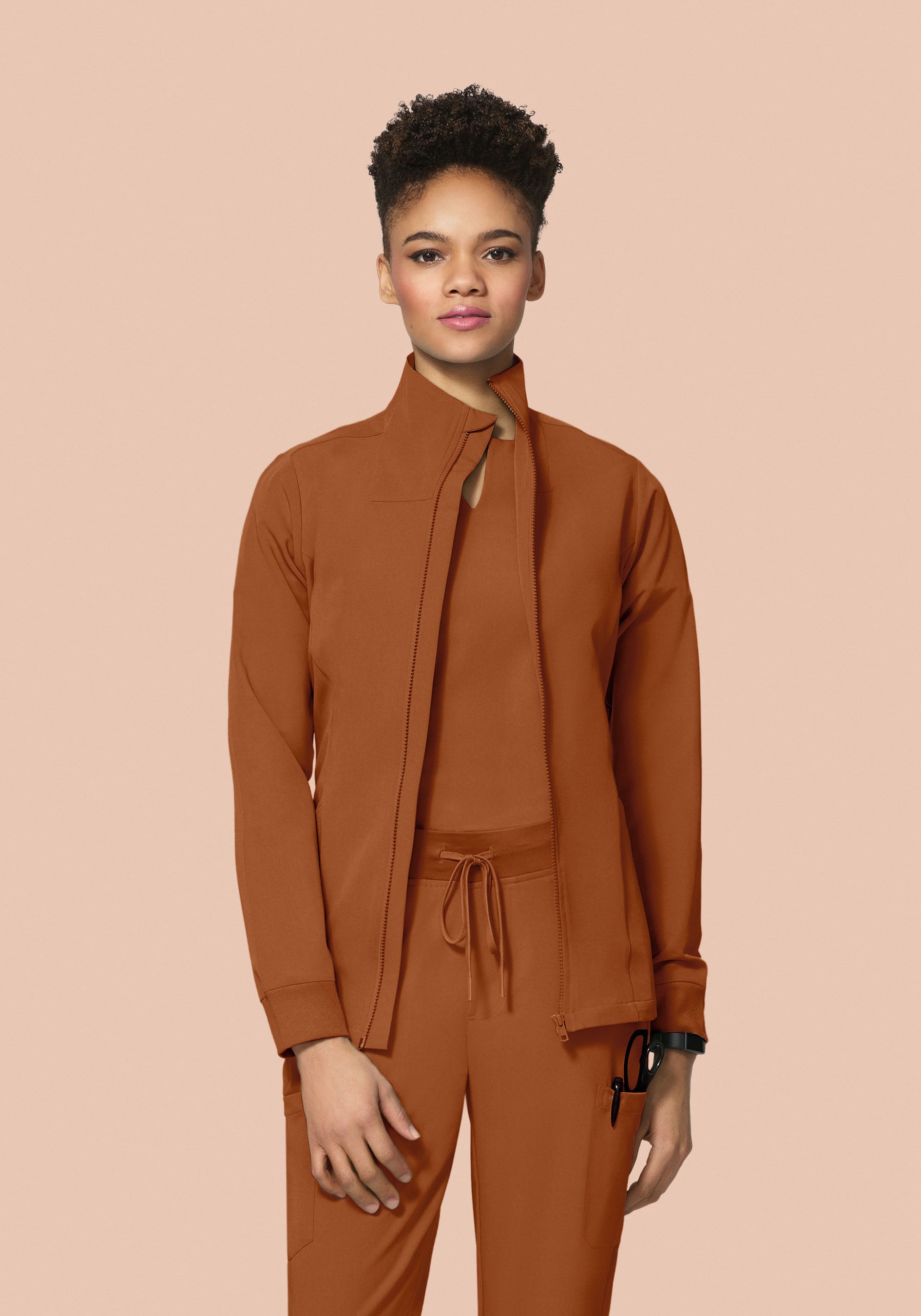 Women's Mock Neck Scrub Jacket - Roasted Pecan | Mandala Scrubs