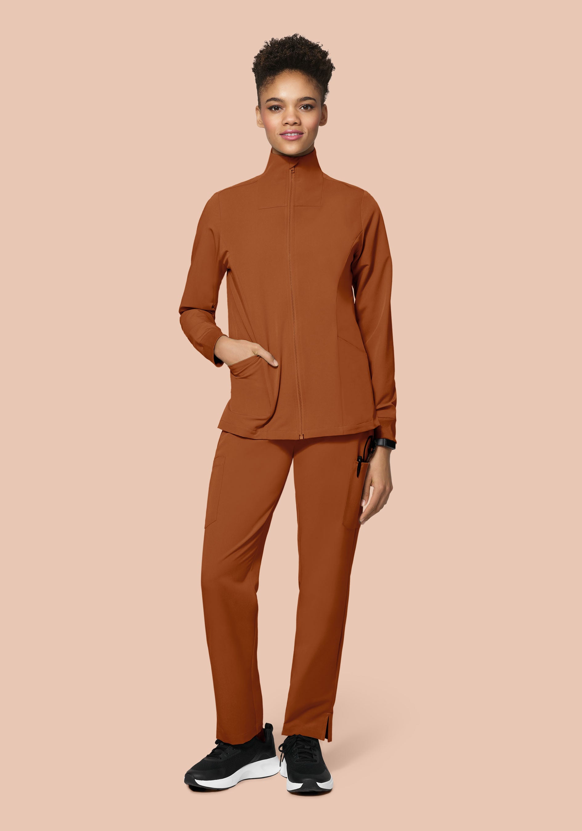 Women's Mock Neck Scrub Jacket - Roasted Pecan | Mandala Scrubs