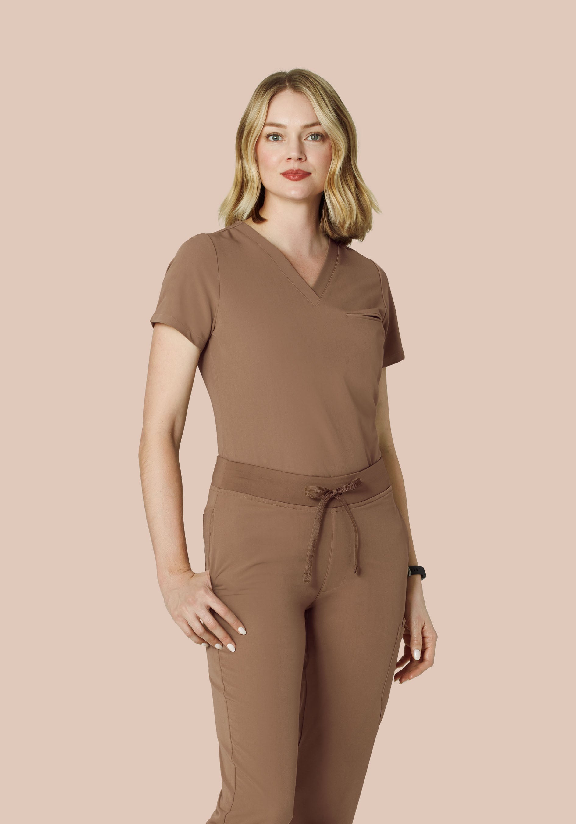 Women's V-Neck 1-Pocket Scrub Top - Mocha | Mandala Scrubs