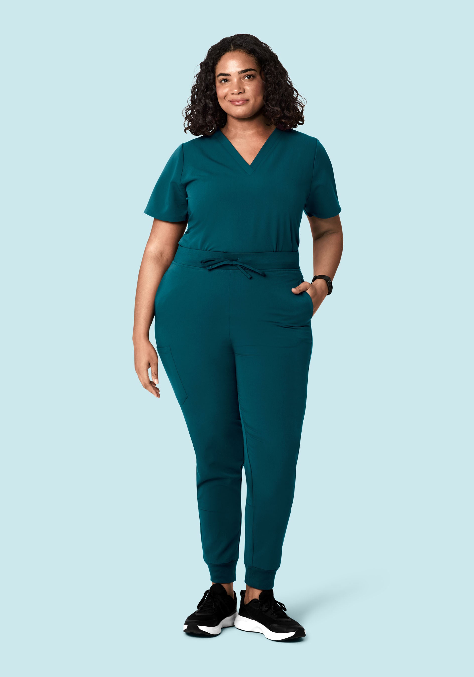 TEAL ブラック ヨガウェア XS ホルターネック オールインワン Women's V-Neck 6-Pocket Scrub Top - Caribbean Blue | Mandala Scrubs