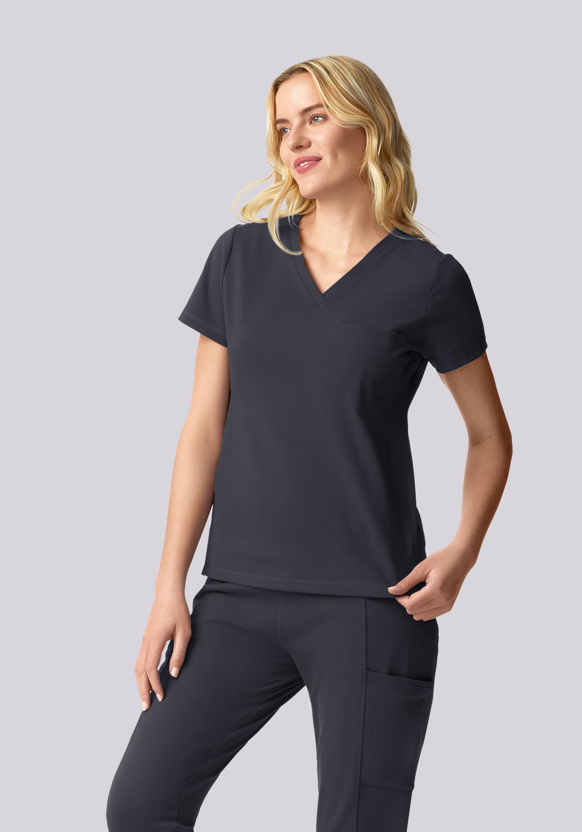 Women's Soft Stretch V-Neck 1-Pocket Scrub Top - Pewter | Mandala Scrubs