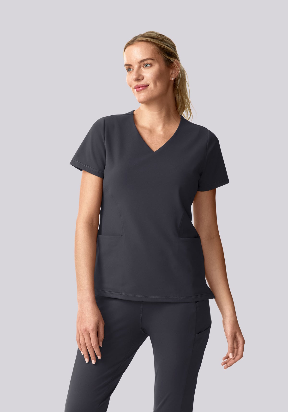 Women's Soft Stretch V-Neck 6-Pocket Scrub Top - Pewter | Mandala Scrubs