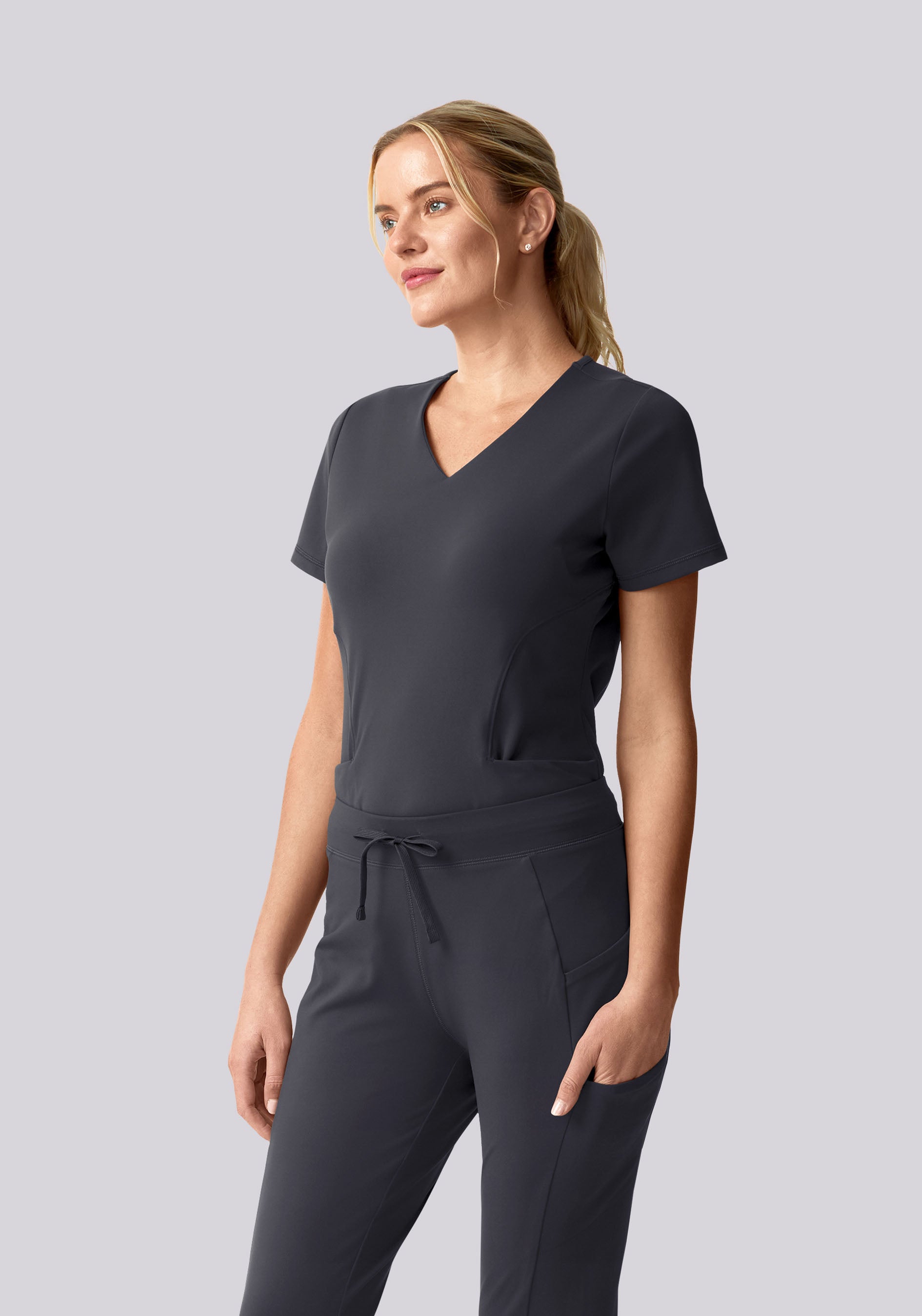 Women's Soft Stretch V-Neck 6-Pocket Scrub Top - Pewter | Mandala
