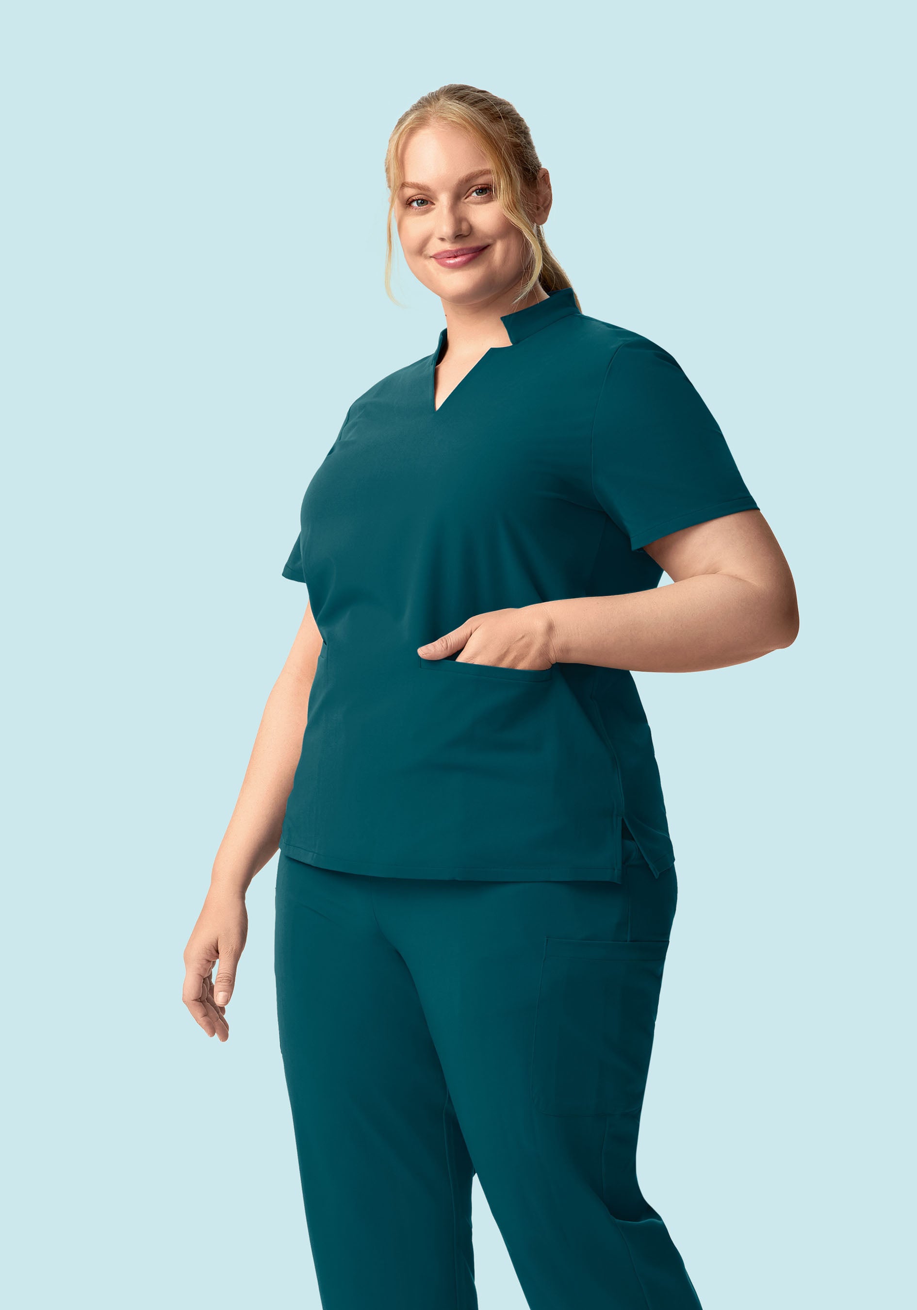 Women's Stand Collar Notch Neck Scrub Top - Caribbean Blue