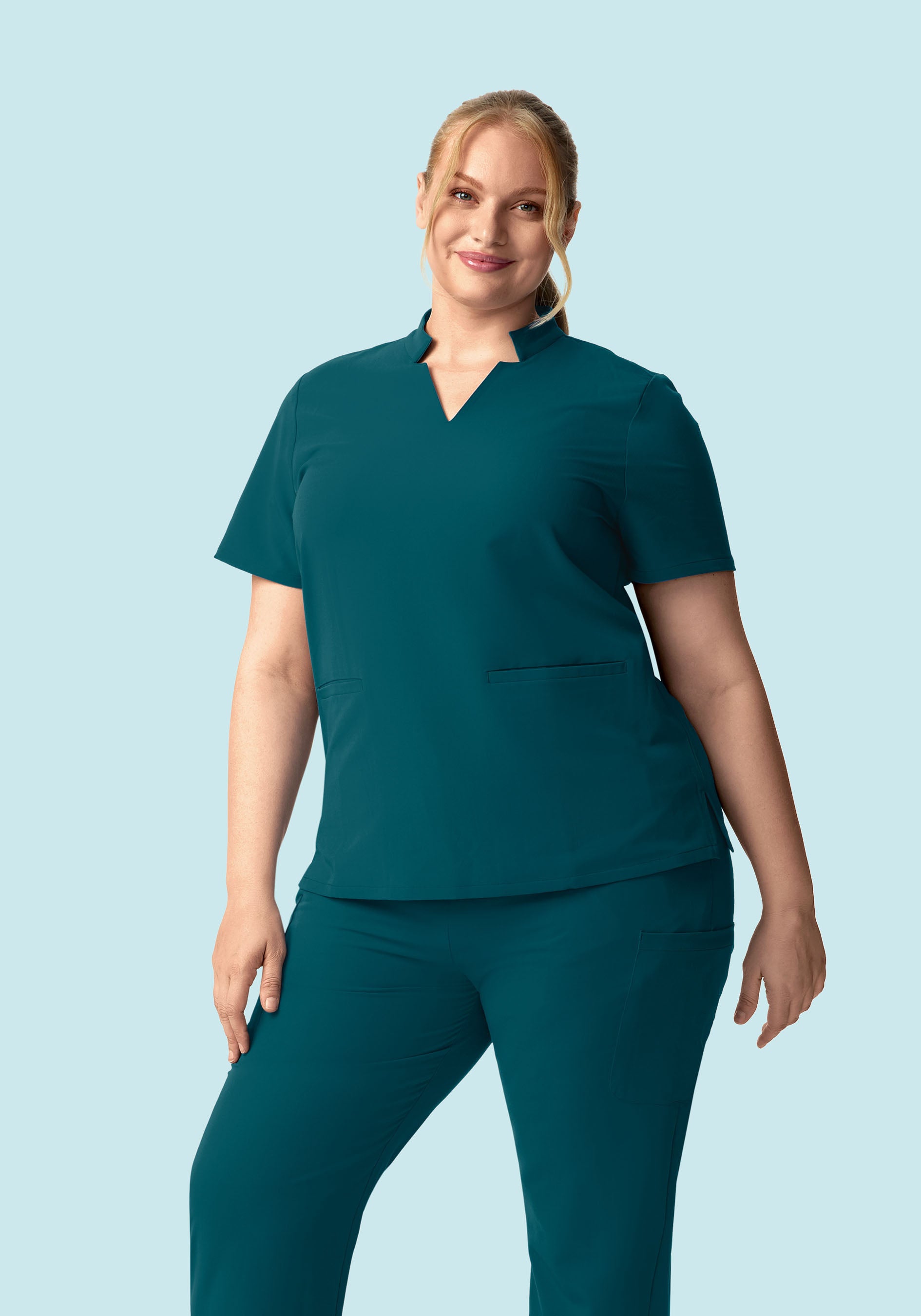 Stand Collar Notch Neck Top Caribbean Blue