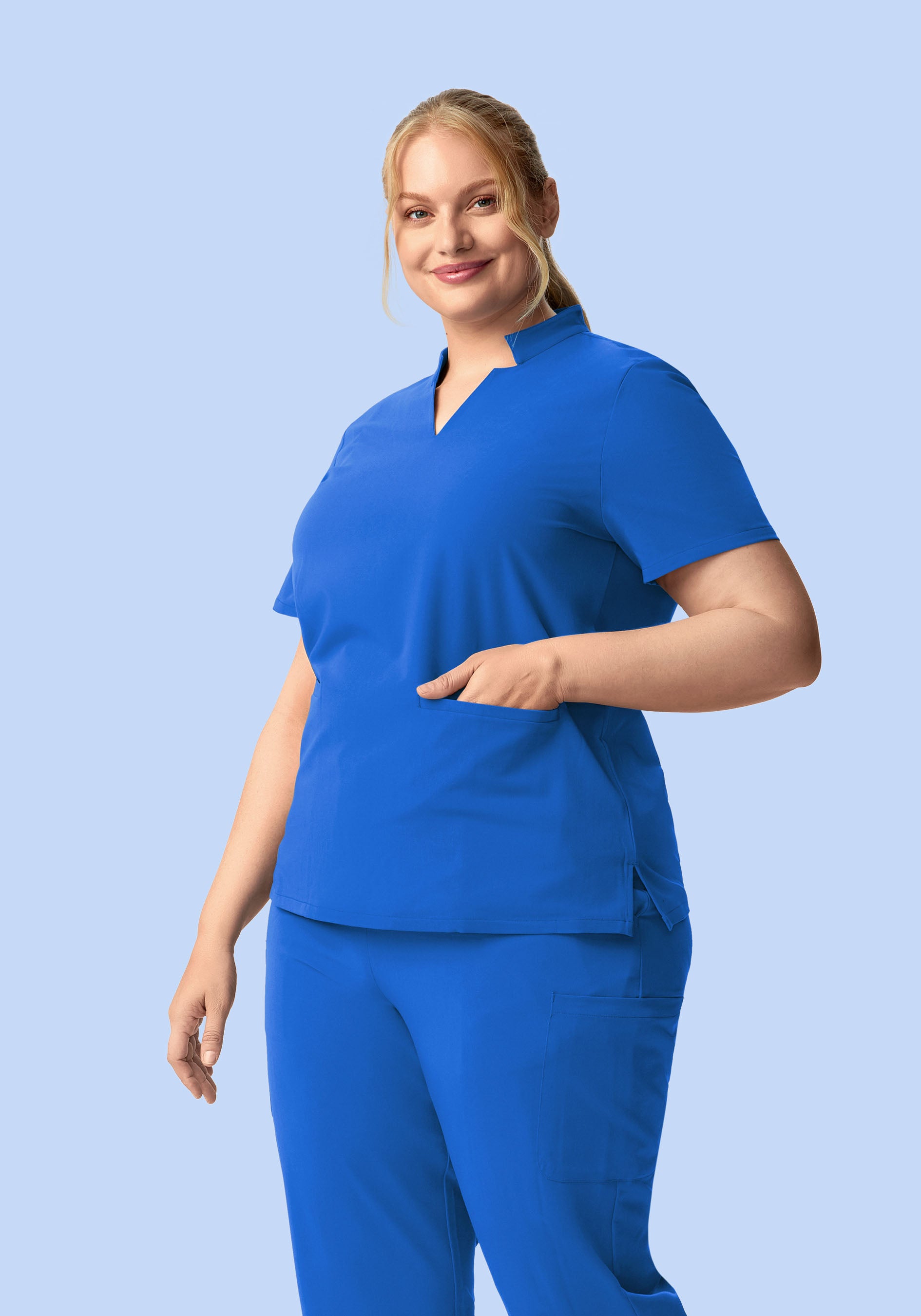 Stand Collar Notch Neck Top Royal Blue