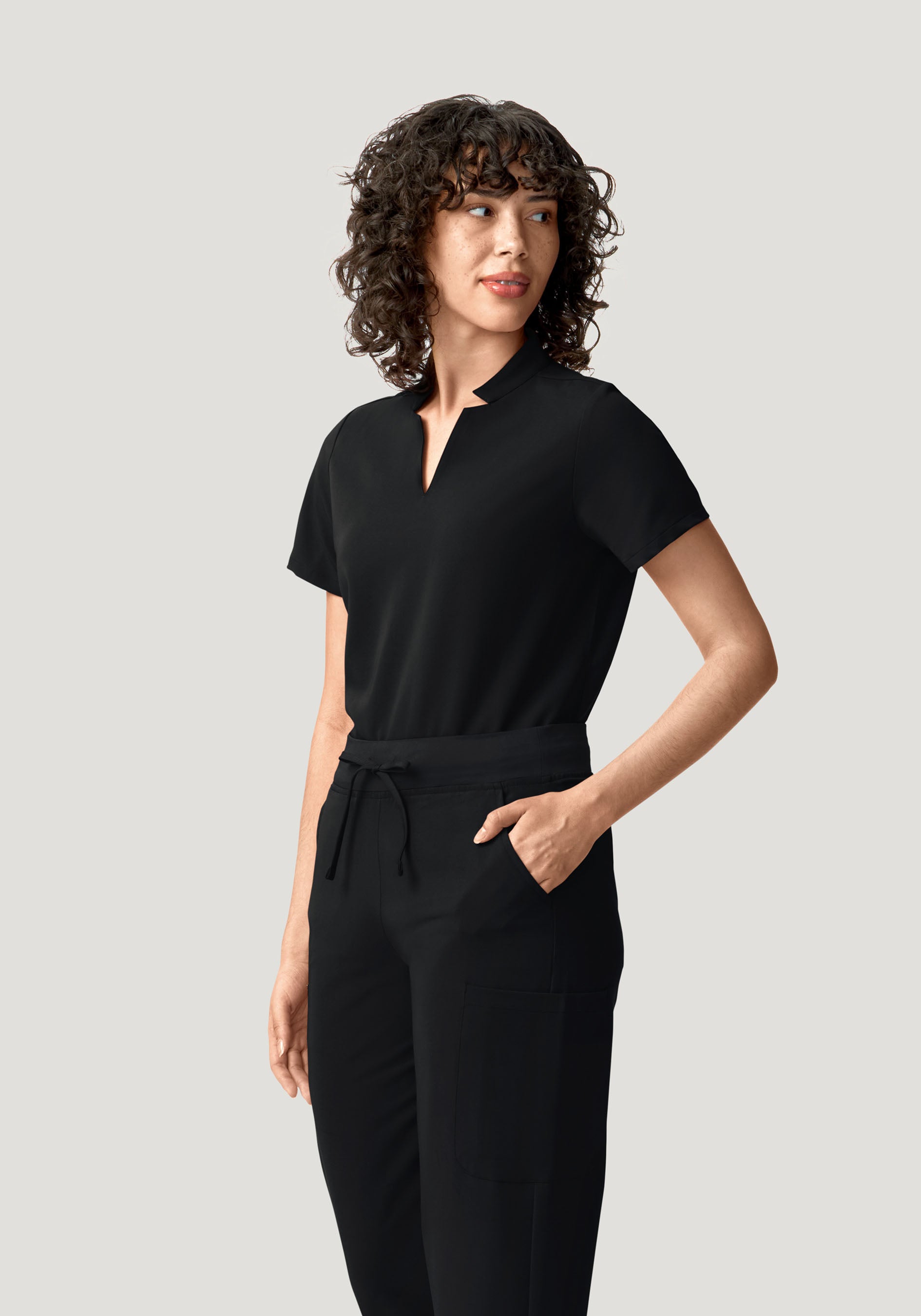 Stand Collar Notch Neck Top Black