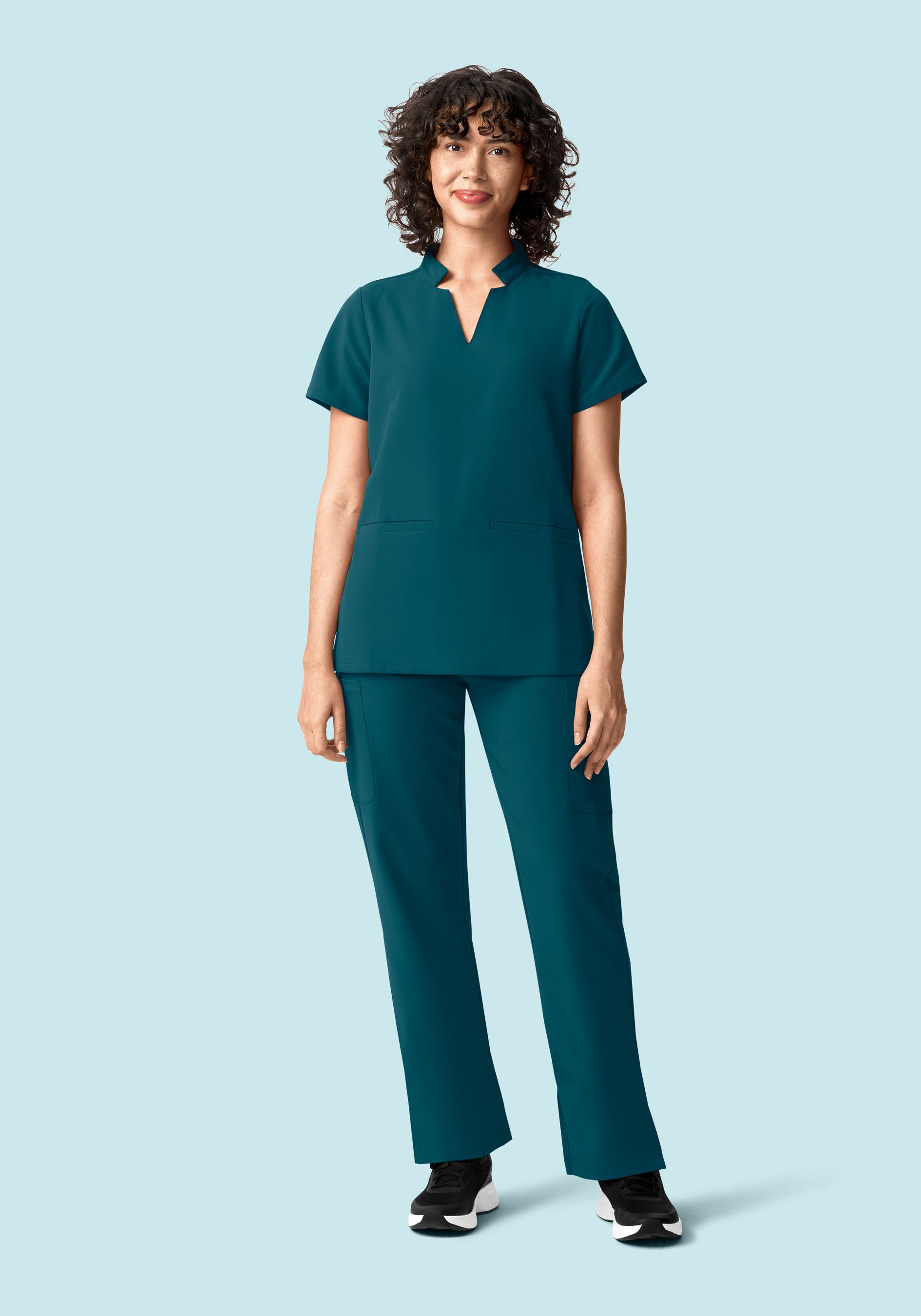 Stand Collar Notch Neck Top Caribbean Blue