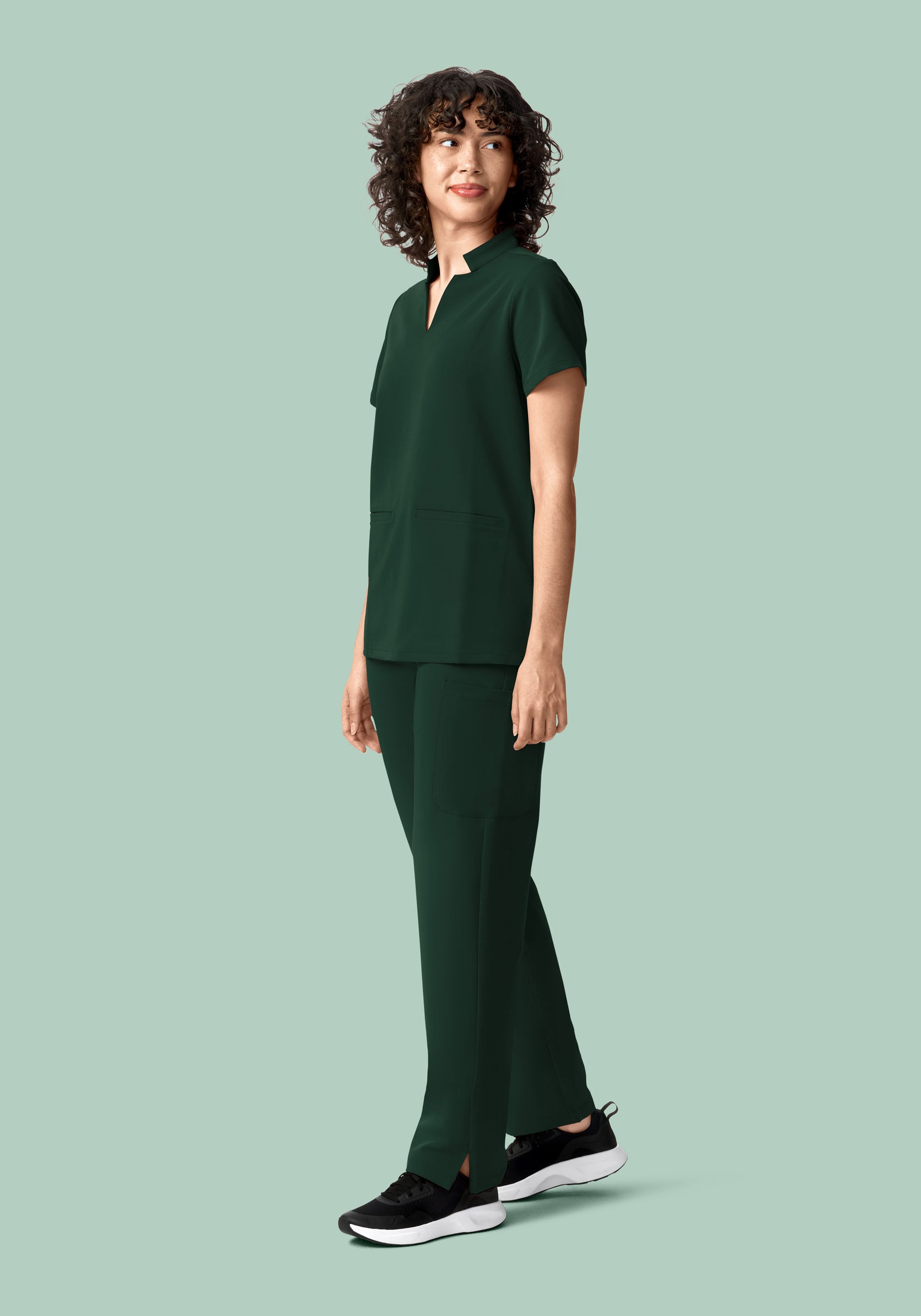 Stand Collar Notch Neck Top Midnight Green