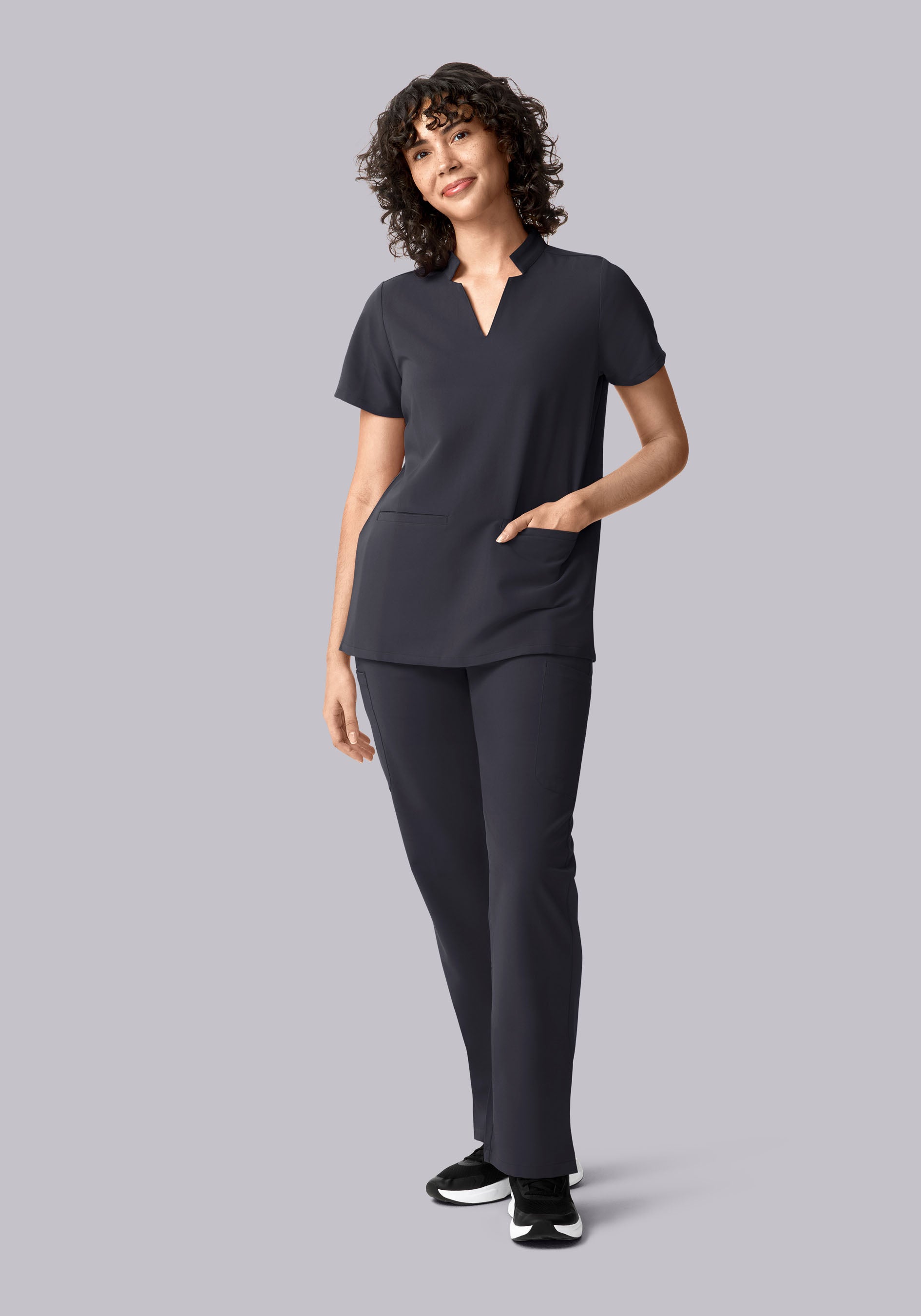 Stand Collar Notch Neck Top Pewter