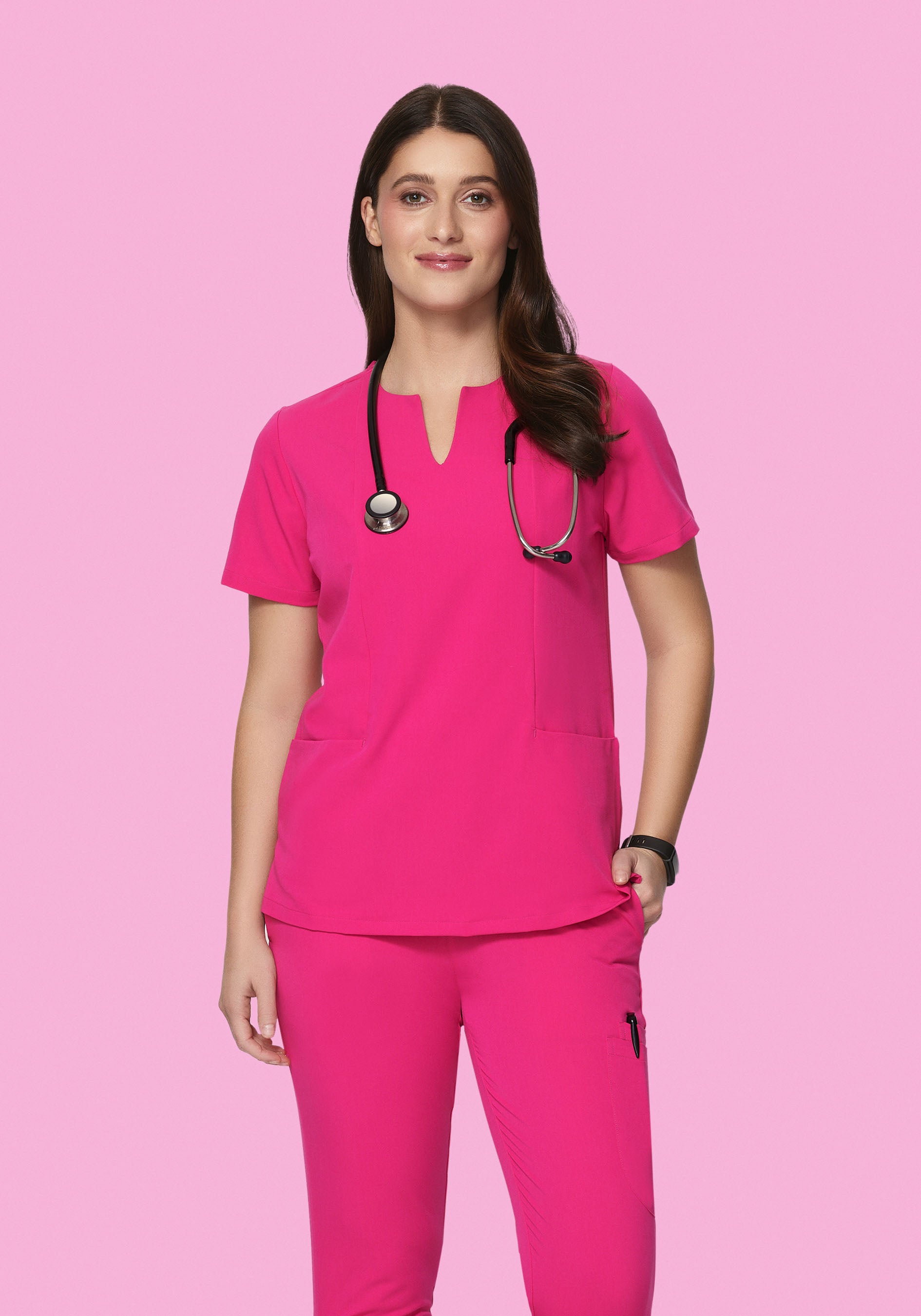 5 Pocket Notch Neck Top Shocking Pink