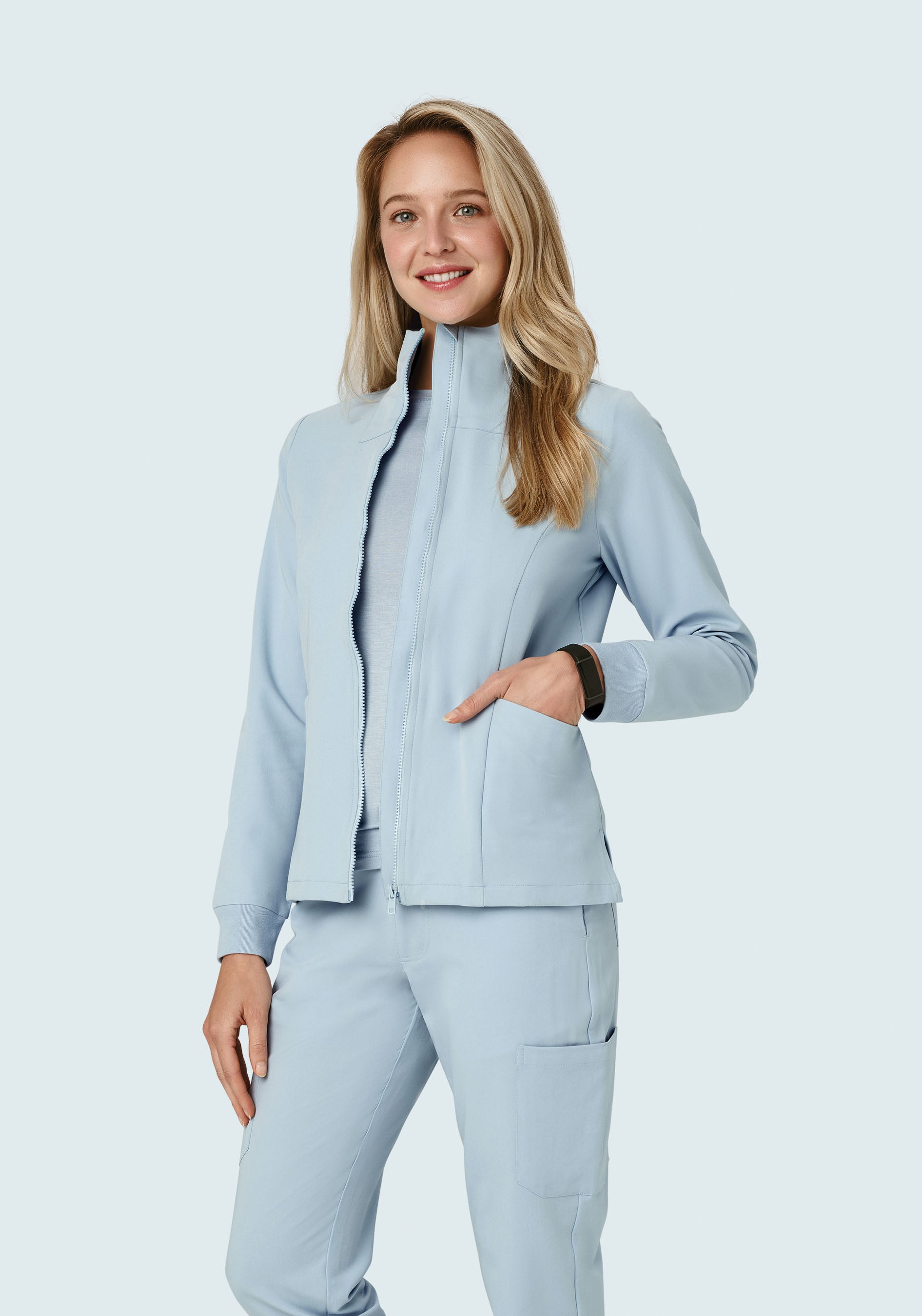 Women's Mock Neck Scrub Jacket - Powder Blue | Mandala Scrubs