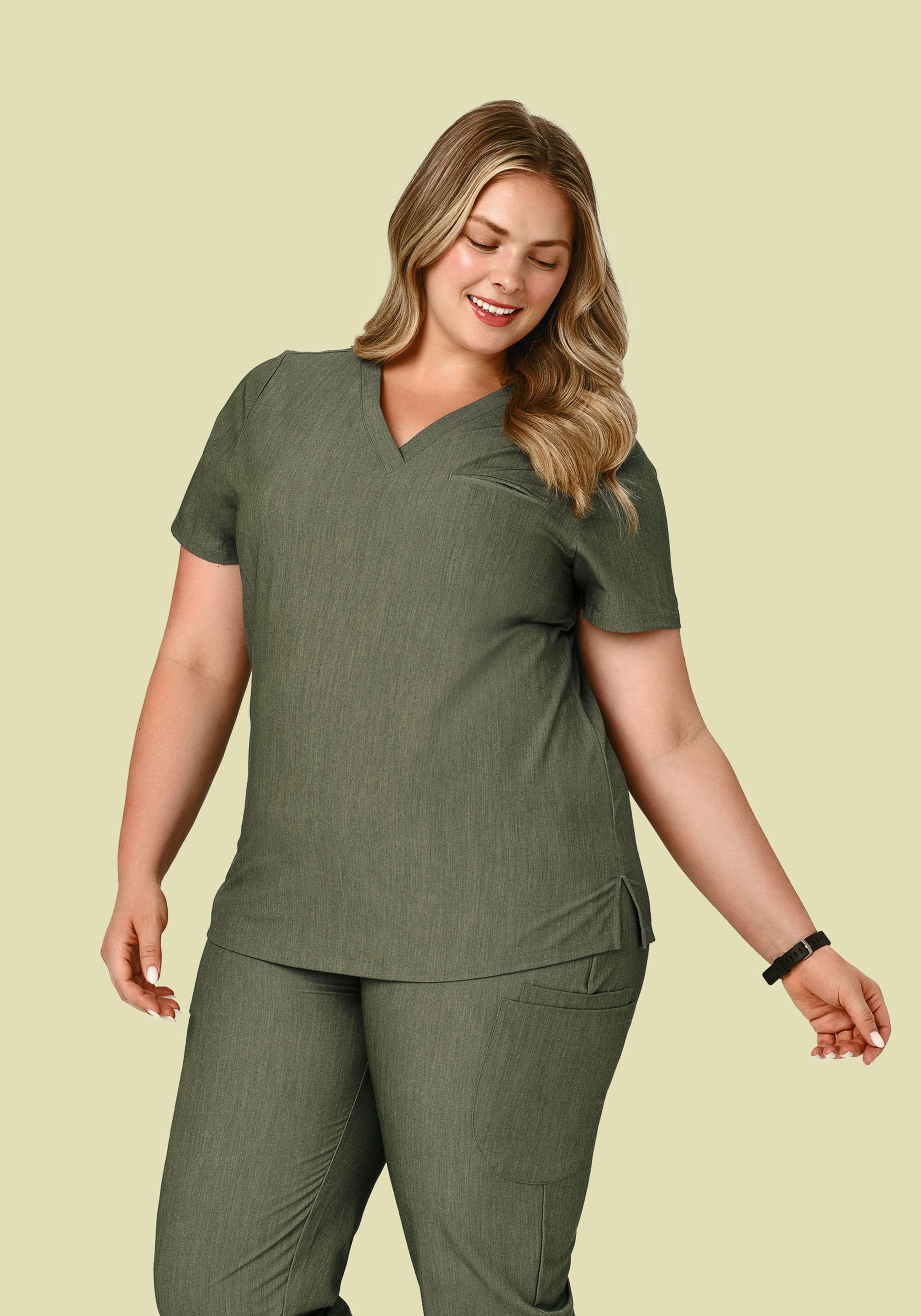 Women's V-Neck 1-Pocket Scrub Top - Heather Olive | Mandala Scrubs