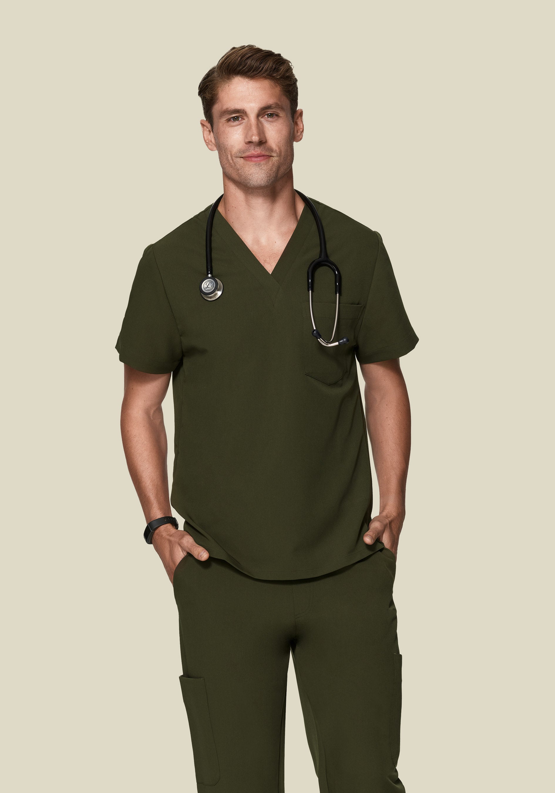 Men's V-Neck 2-Pocket Top - Olive | Mandala Scrubs